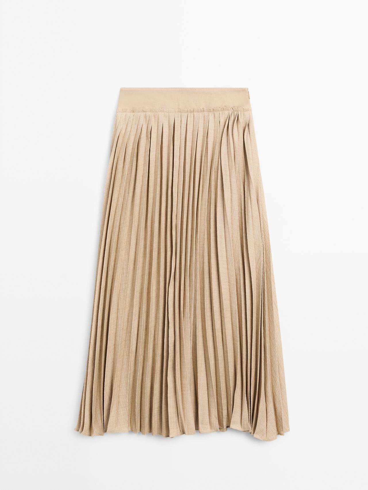 Massimo Dutti - Dame - Plisseret Midinederdel Med Stofdetalje - Beige - 36