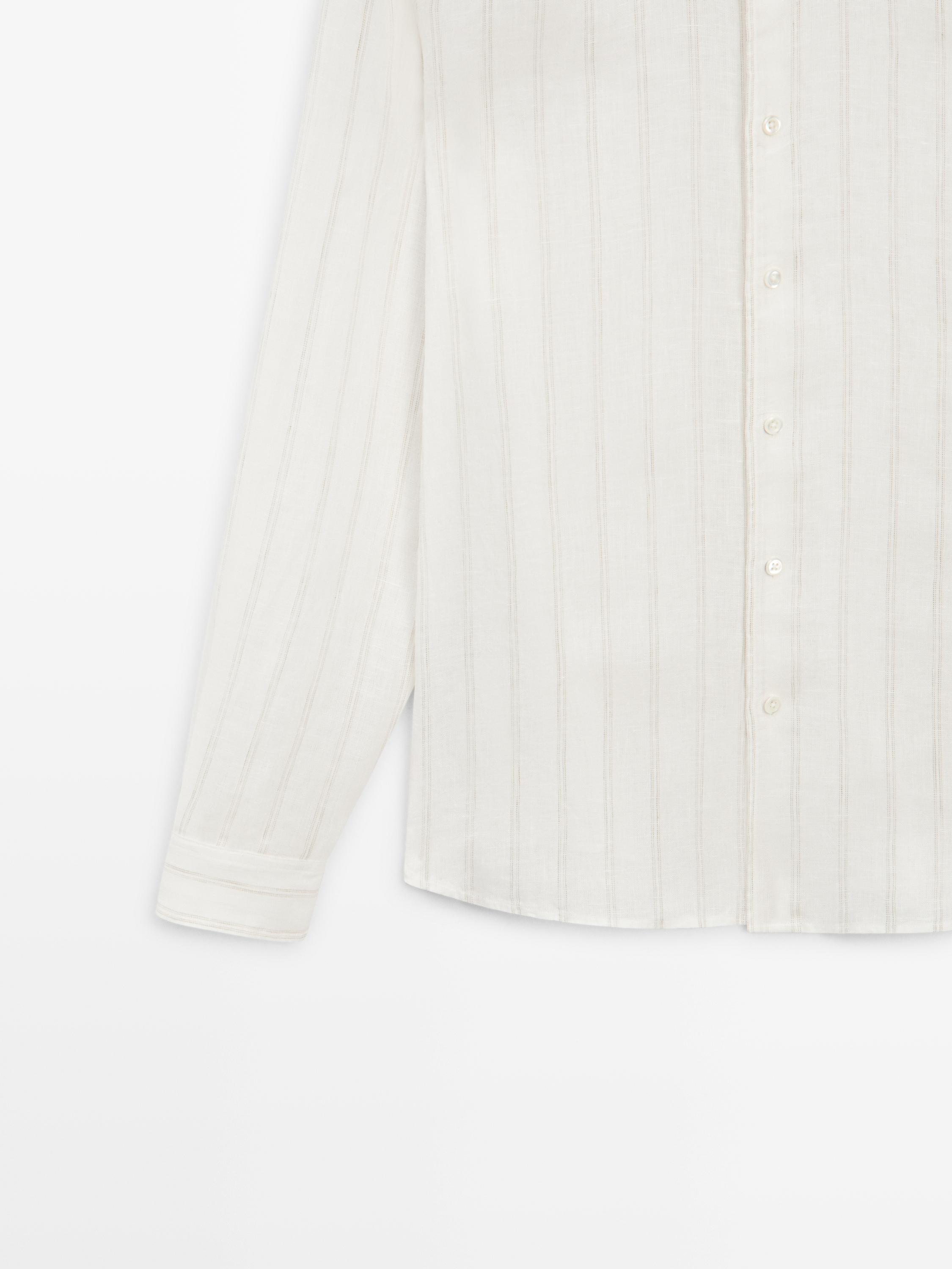100% linen regular fit striped shirt — BEIGE