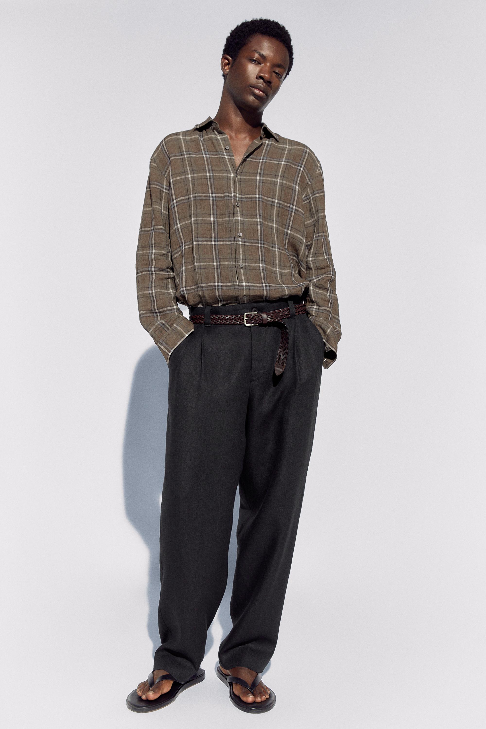 100% linen regular fit check shirt — GREEN