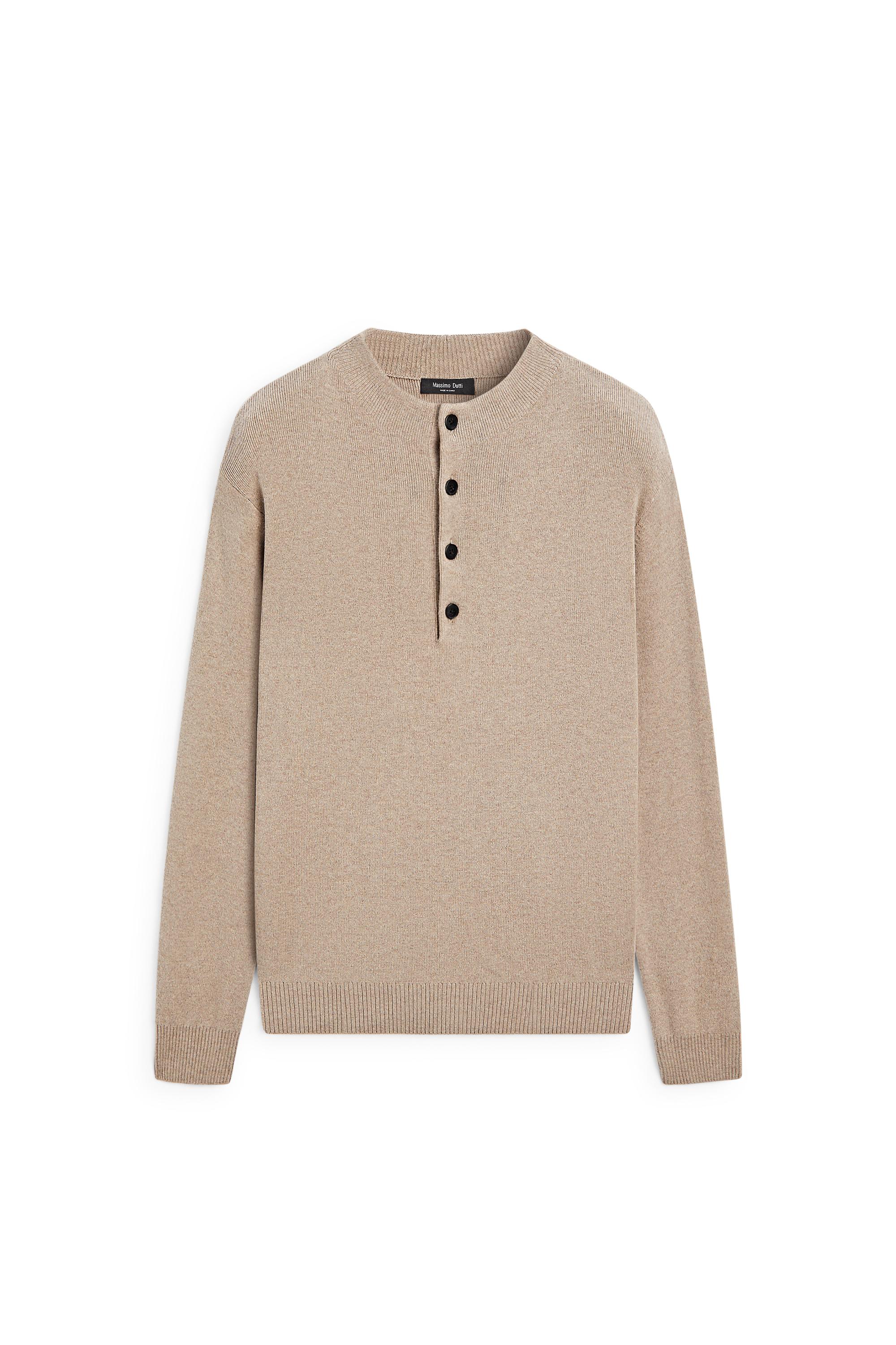 Button mock neck knit sweater — GOLDEN BROWN