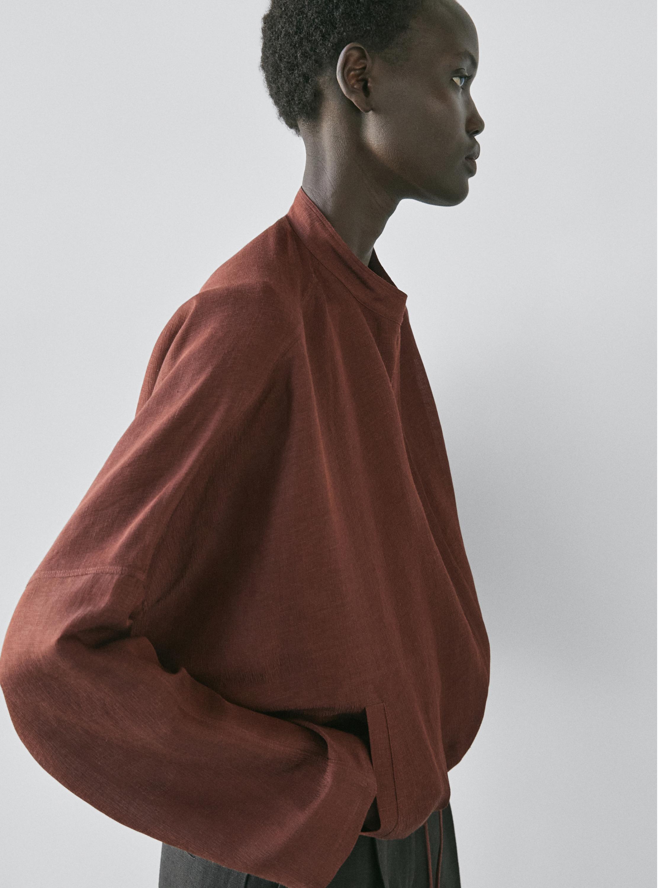 Linen blend bomber jacket — BROWN