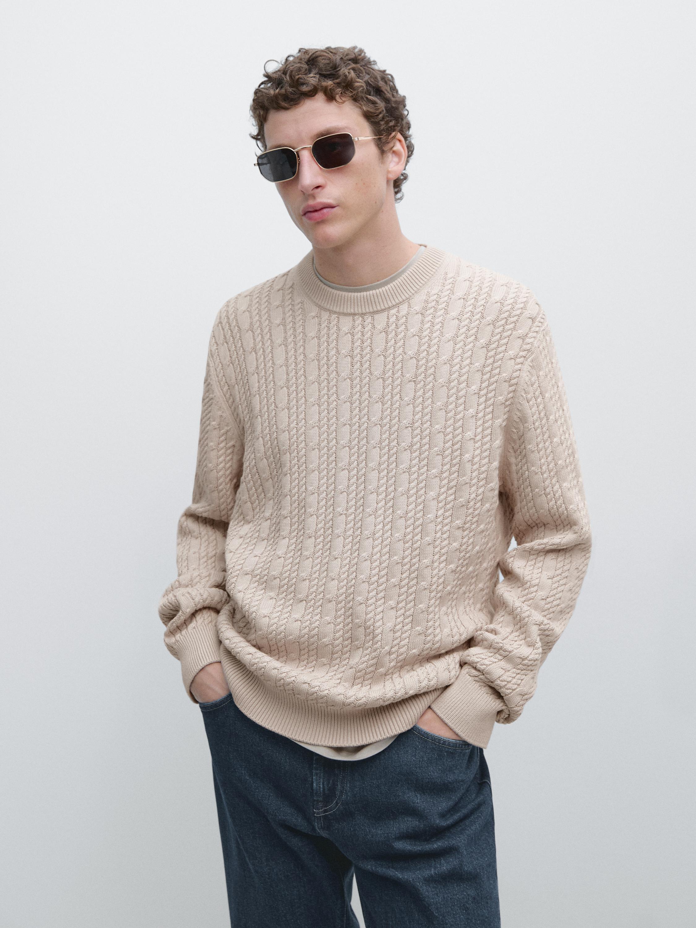 Cable-knit 100% cotton sweater with crew neck — STONE