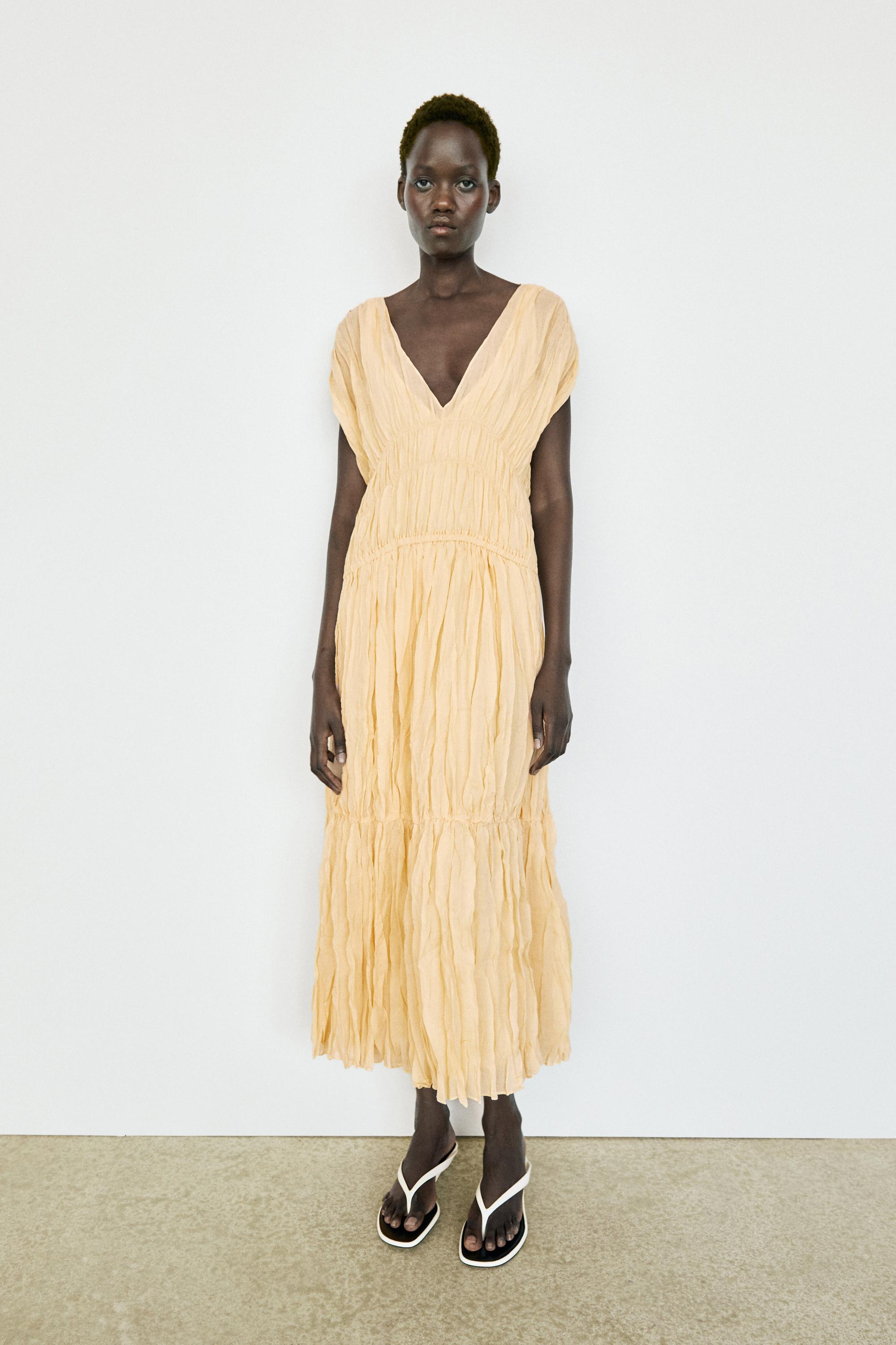 Flowing gathered midi dress — YELLOW