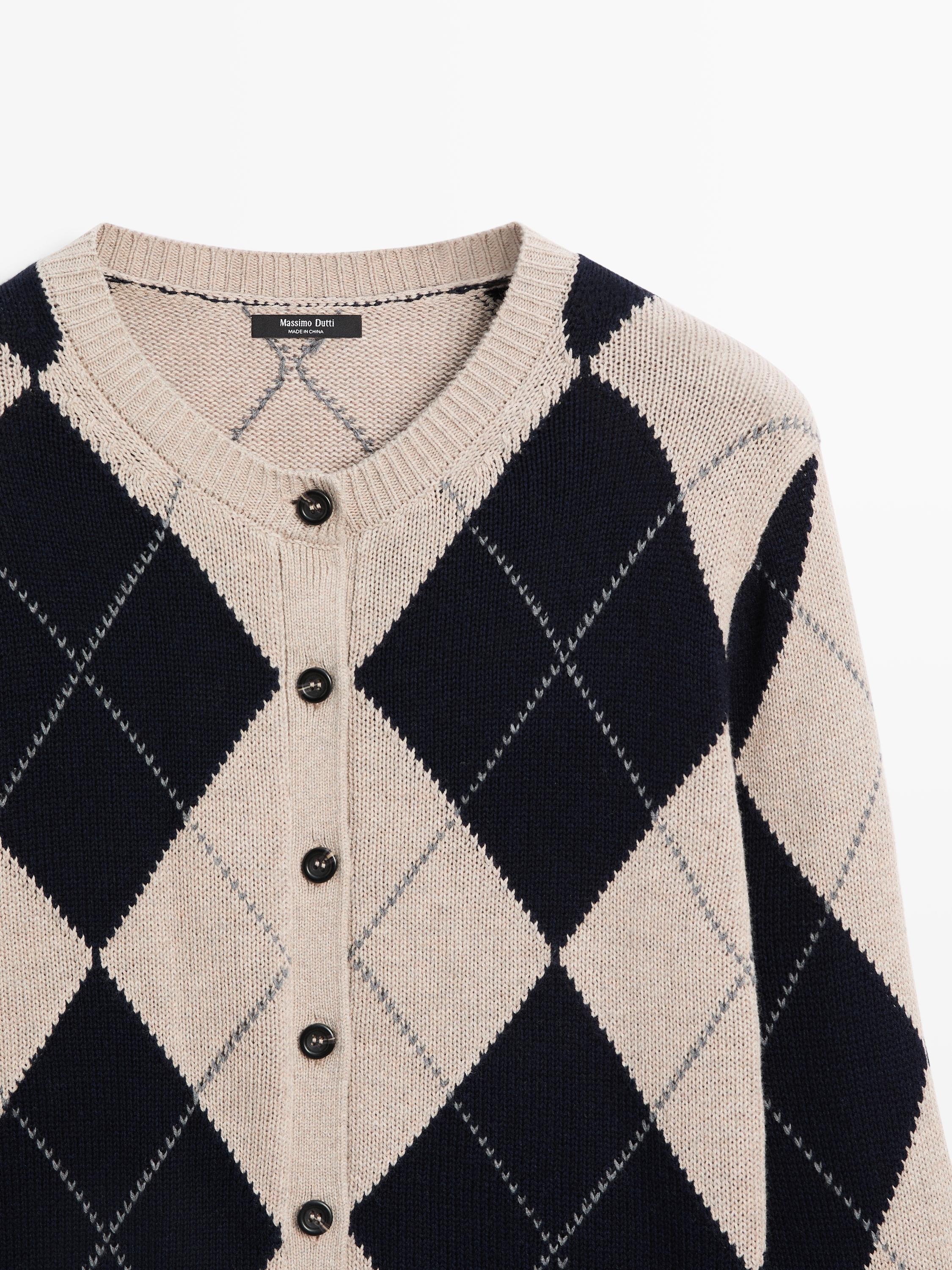 Cotton blend argyle knit cardigan · Navy Blue · Cardigan | Massimo