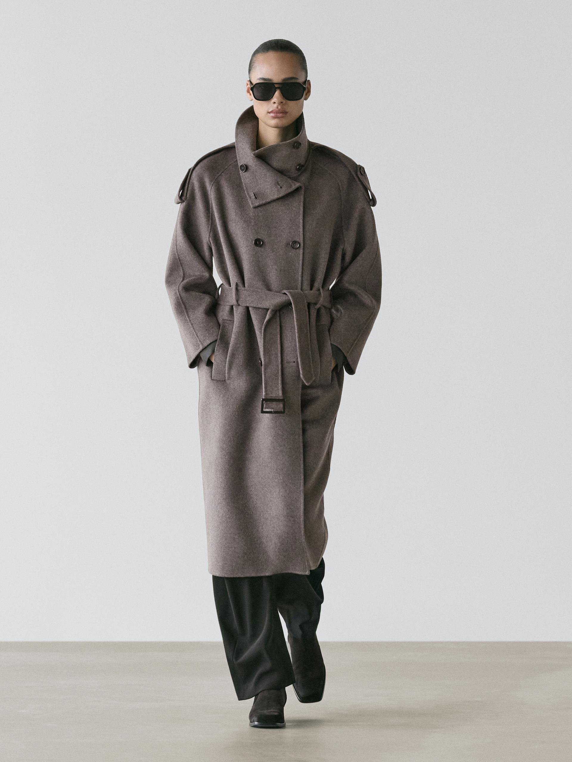 Massimo Dutti Long Wool Blend Trench Coat With Belt In Brown