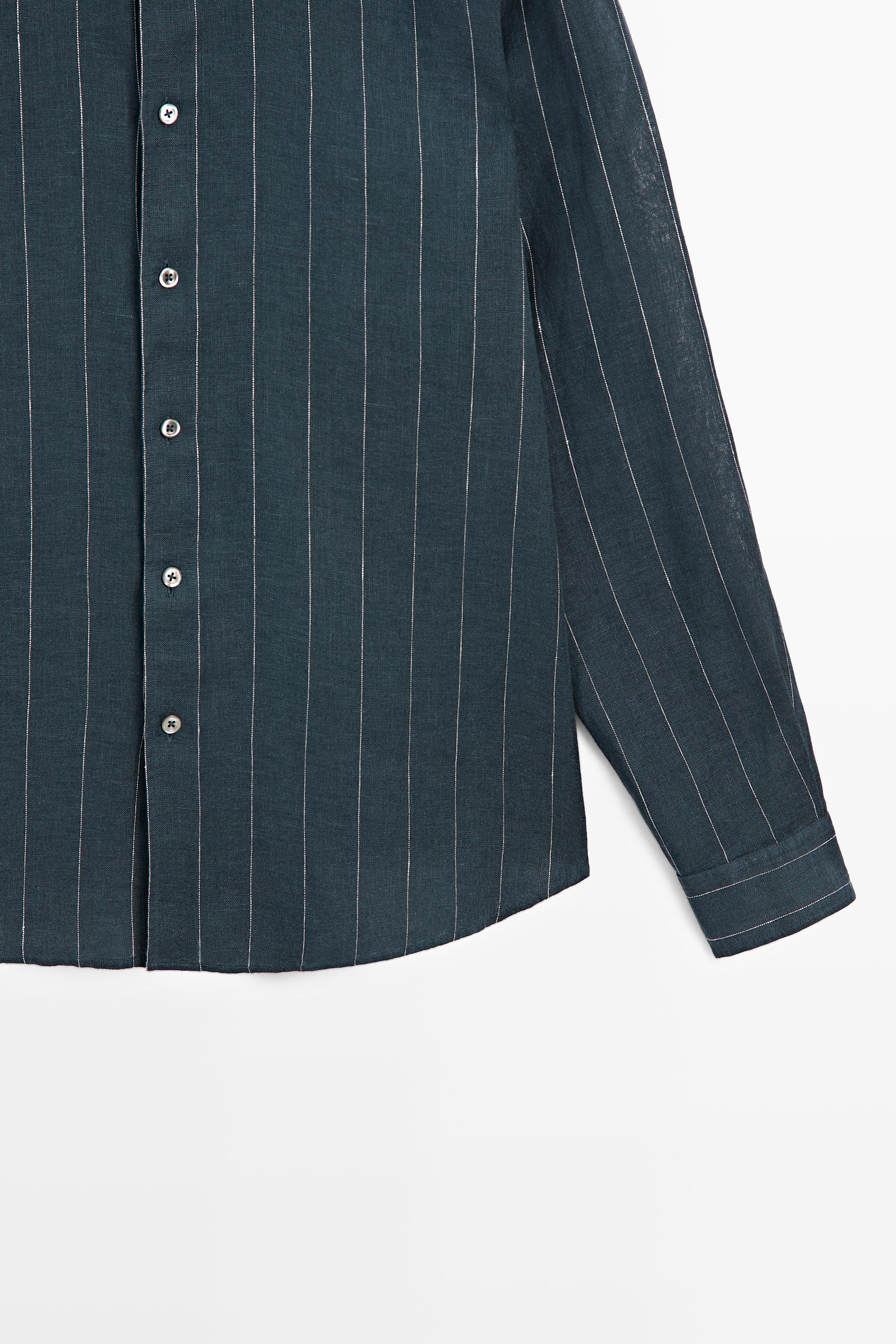 Regular fit striped 100% linen shirt — PETROL BLUE