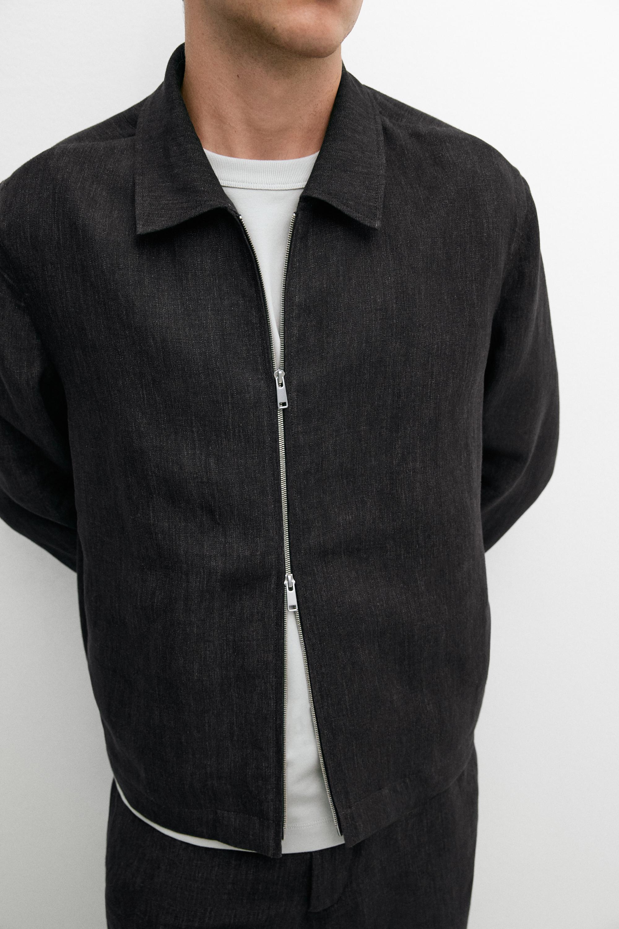 Linen total look zip-up jacket — GREY BLUE