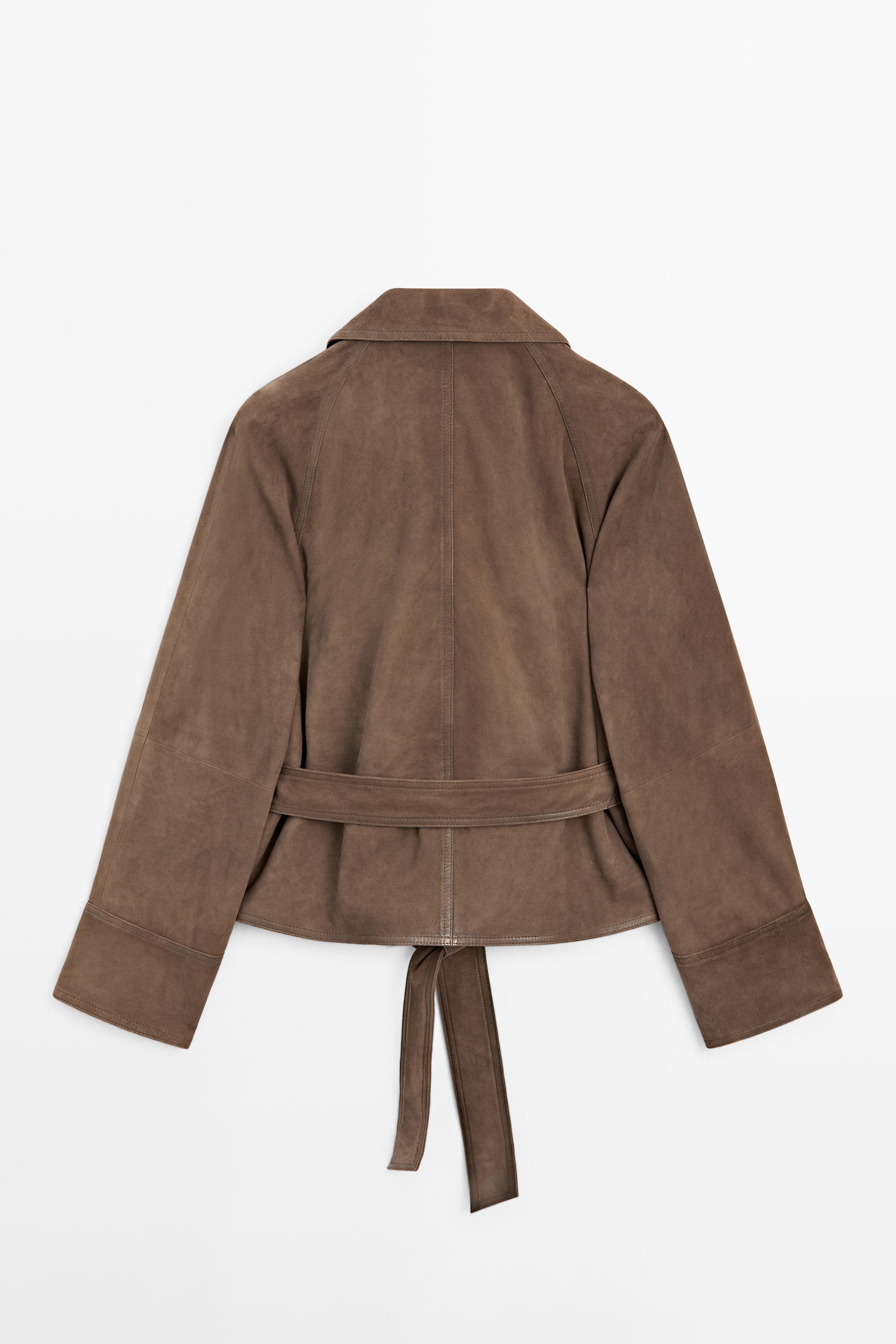 Suede leather jacket with belt · Mole Brown · Bomberâ Jacket