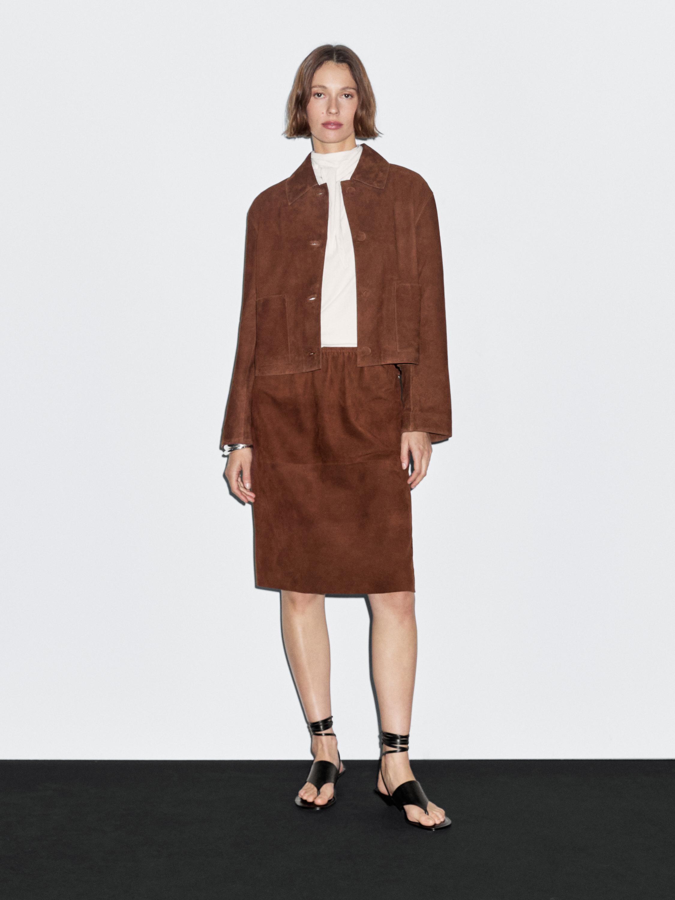 Straight fit suede leather skirt