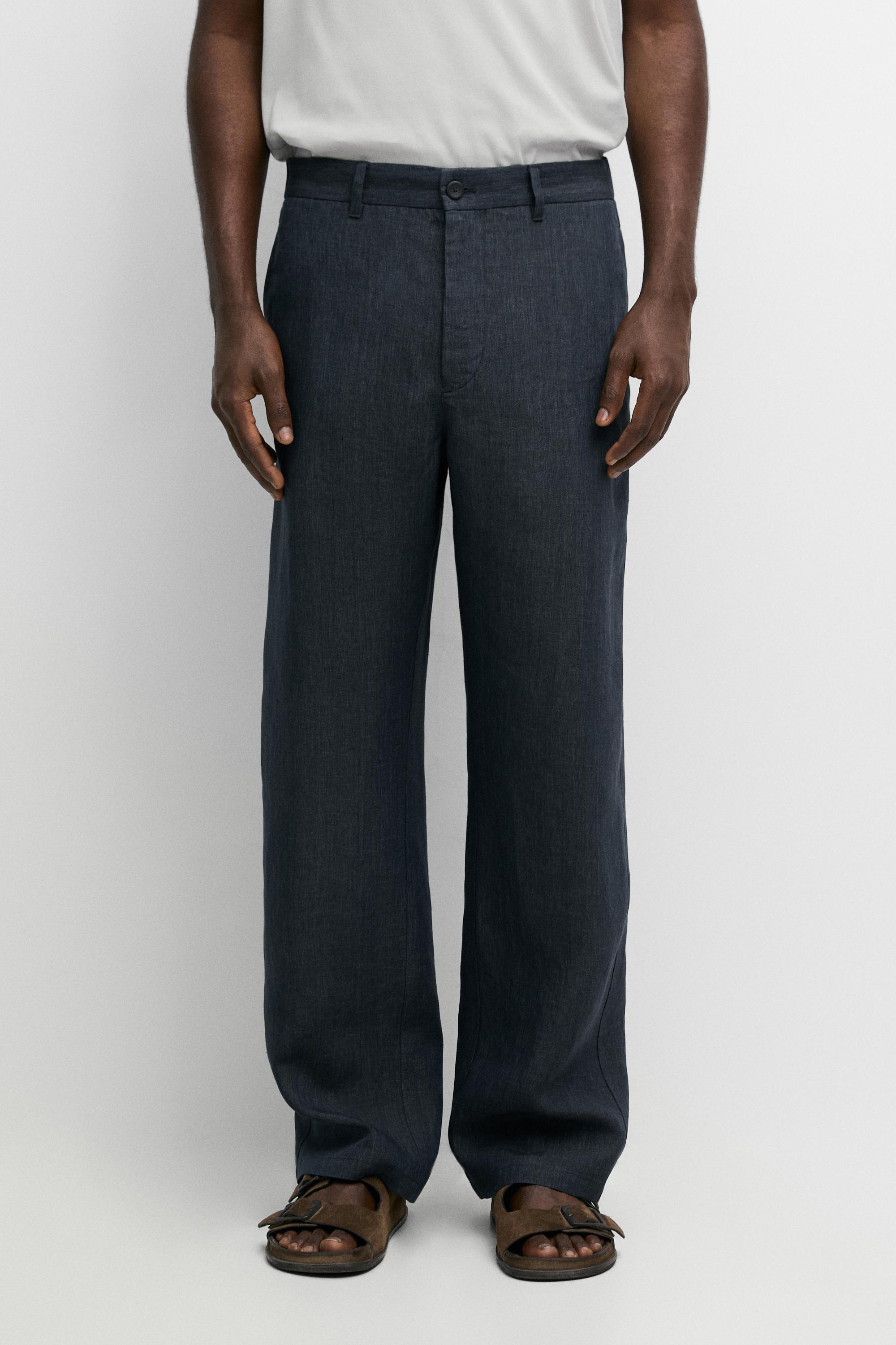 100% Linen Elastic-Waist Pants — NAVY BLUE