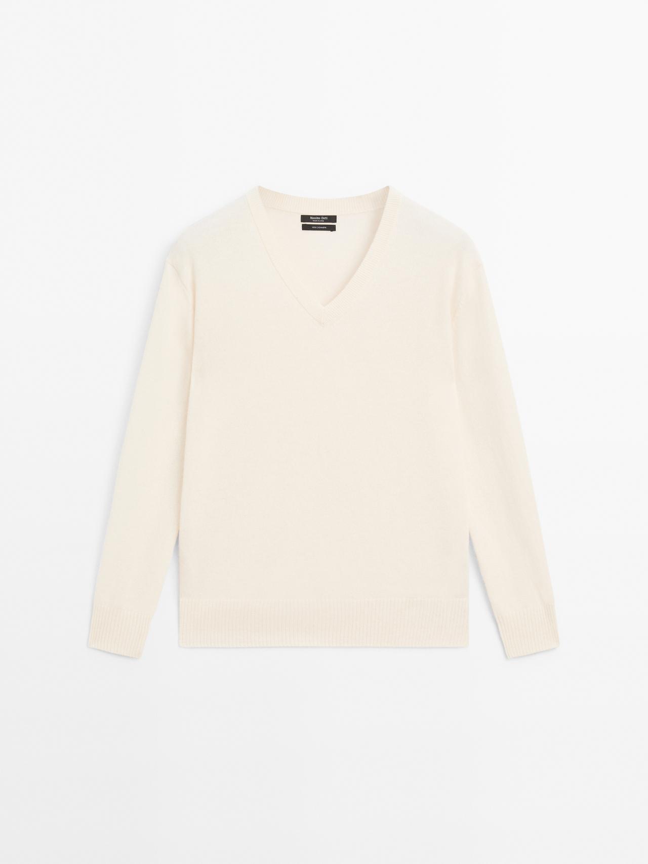 Massimo Dutti - Dame - Striktrøje I 100 % Kashmir Med V-Udskæring - Råhvid - M