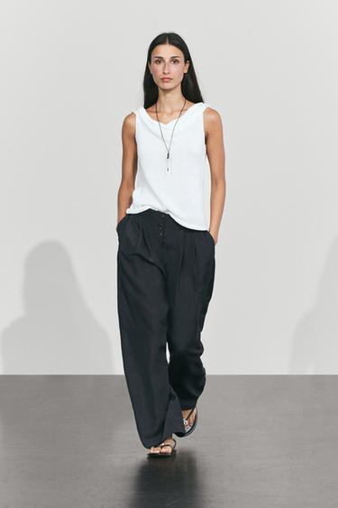 Linen-blend button-detail pants — NAVY BLUE 1