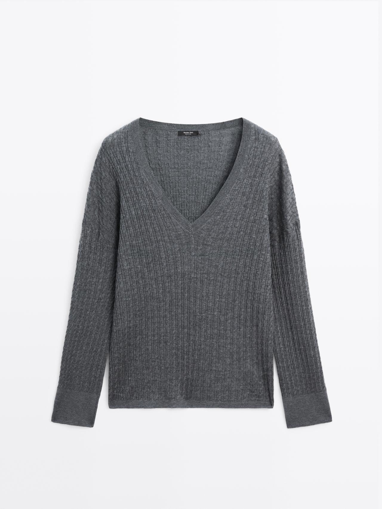 Massimo Dutti - Dame - Kabelstrikket Trøje Med V-Udskæring - Grå - M