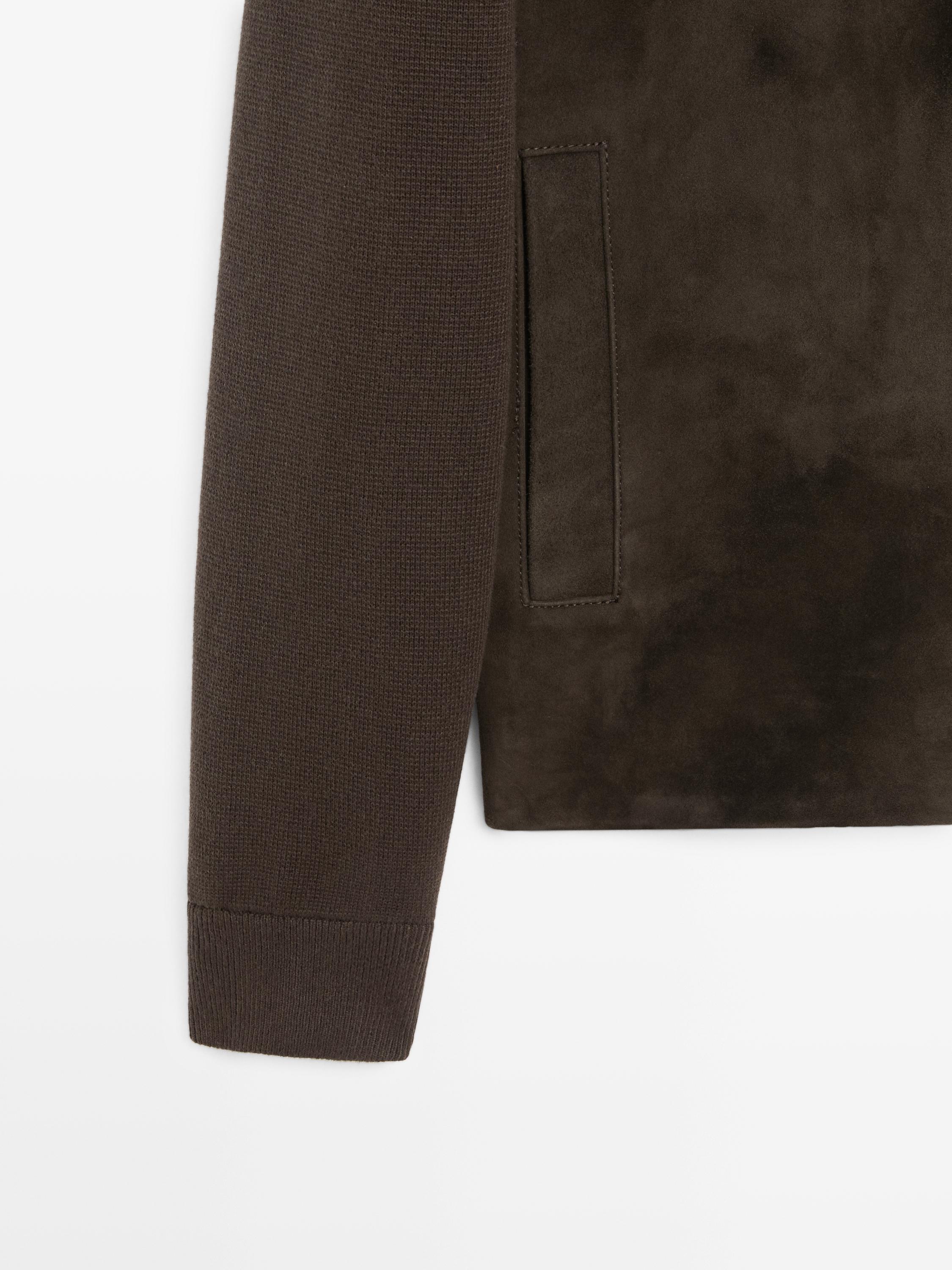 Contrast cotton and leather jacket — BROWN