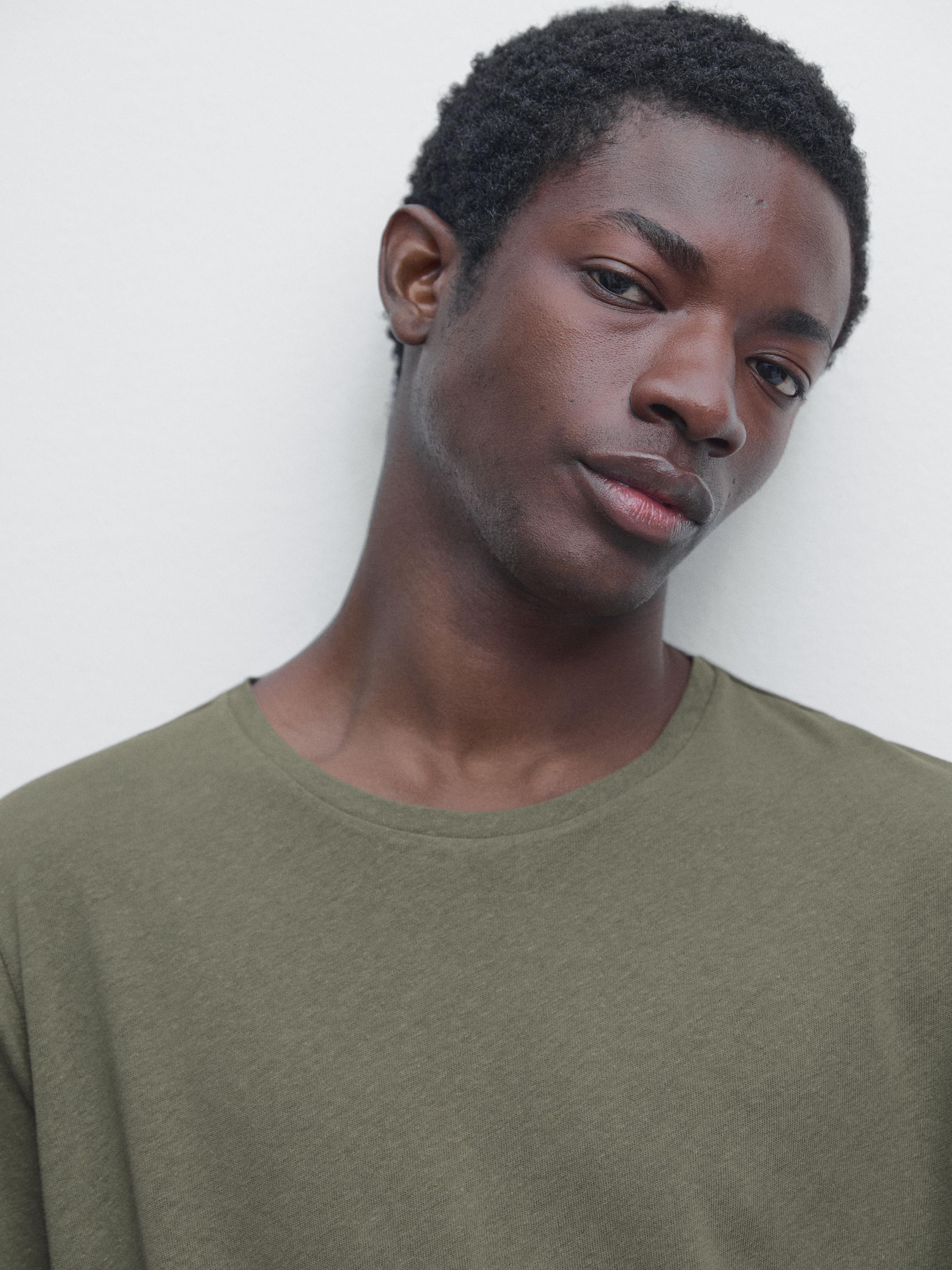 Short sleeve linen and cotton T-shirt — PALE KHAKI