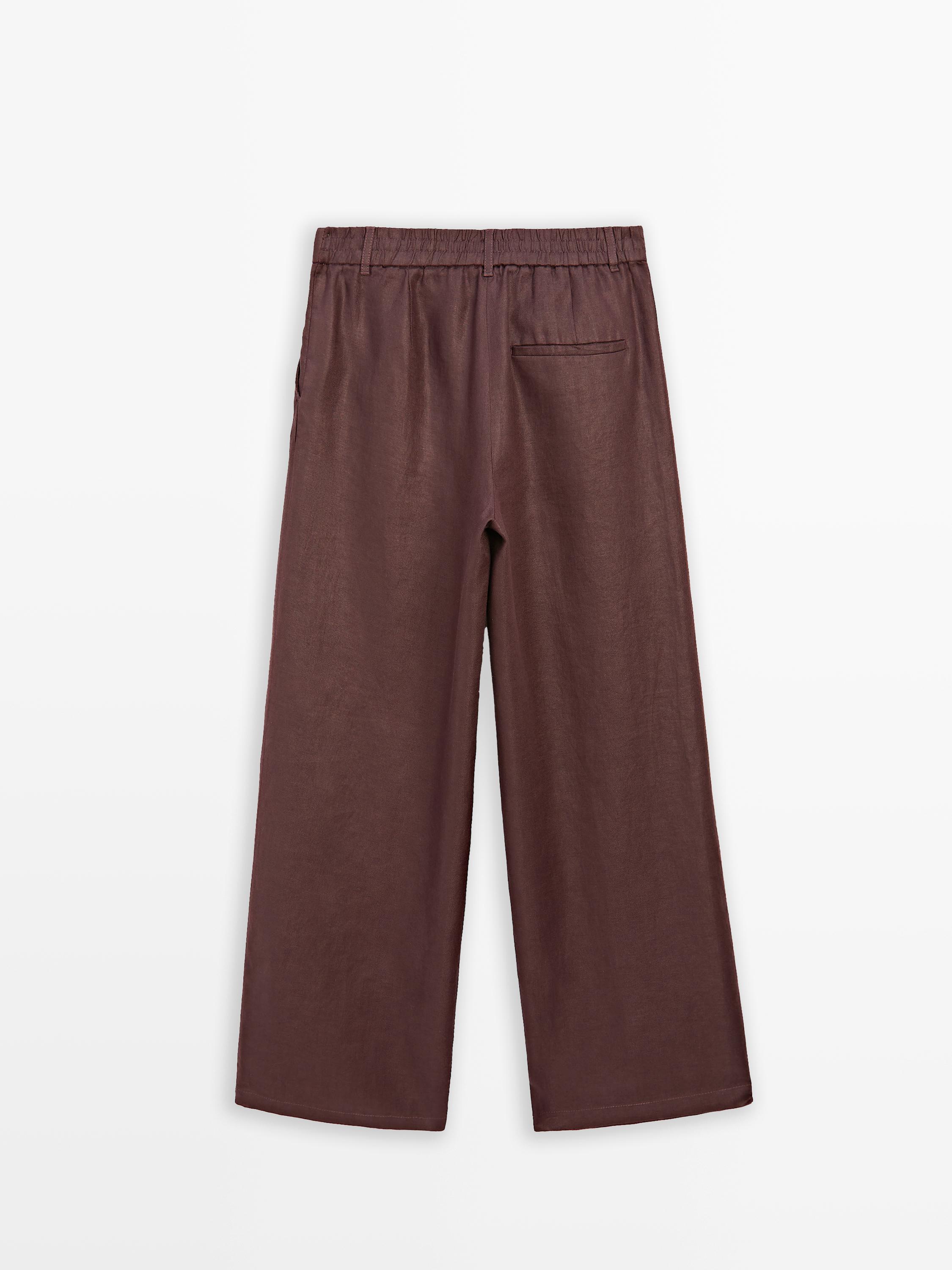 100% linen wide-leg elastic detail trousers
