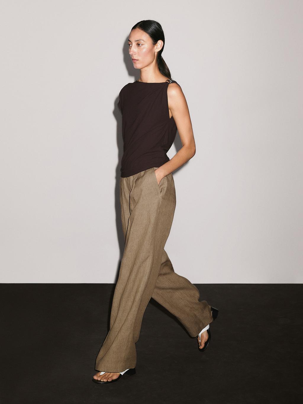 Flowing 100% linen trousers  Beige  Dressy | Massimo Dutti