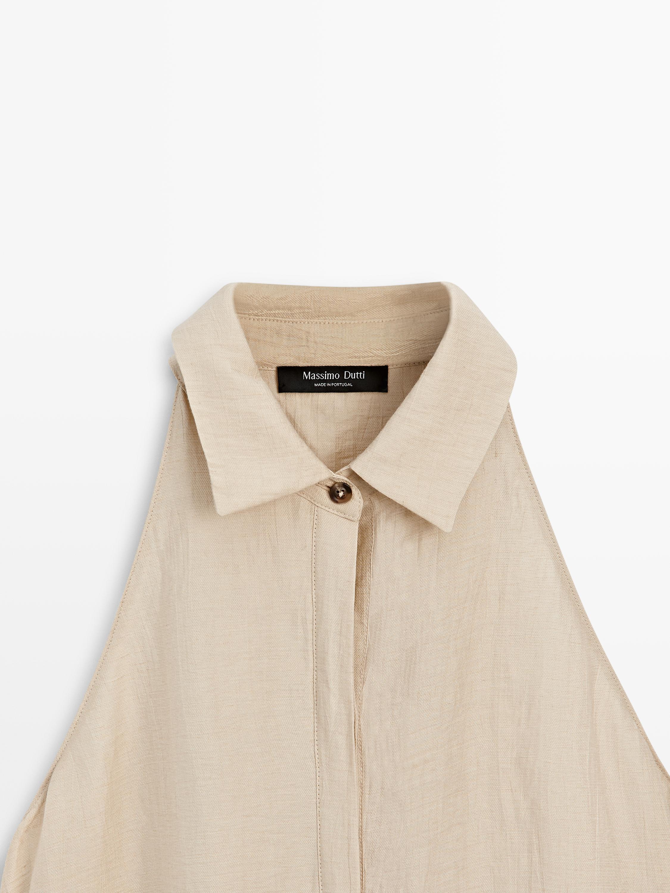 Linen blend polo collar midi dress — CREAM