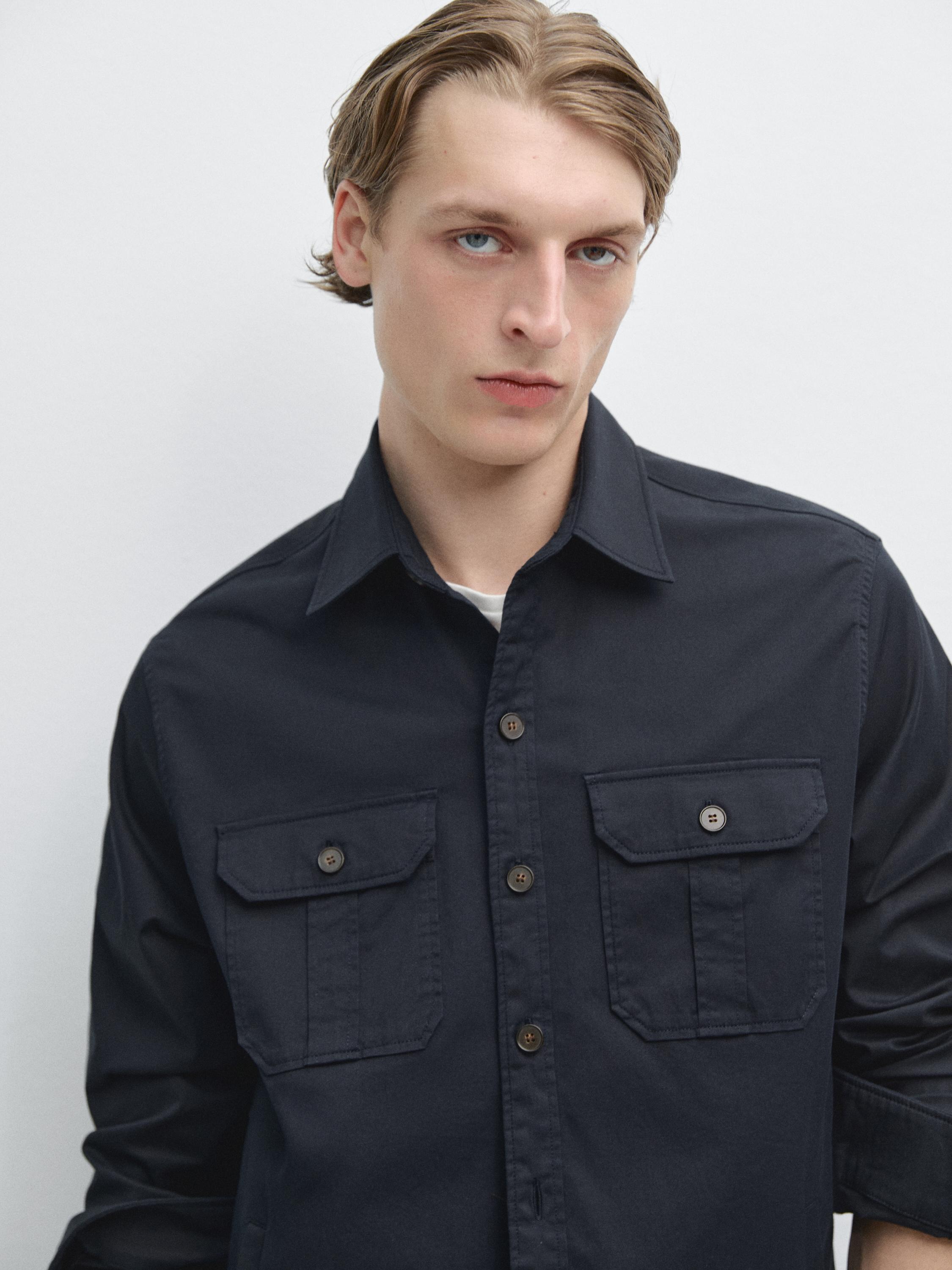 Cotton blend overshirt with pocket detail — NAVY BLUE