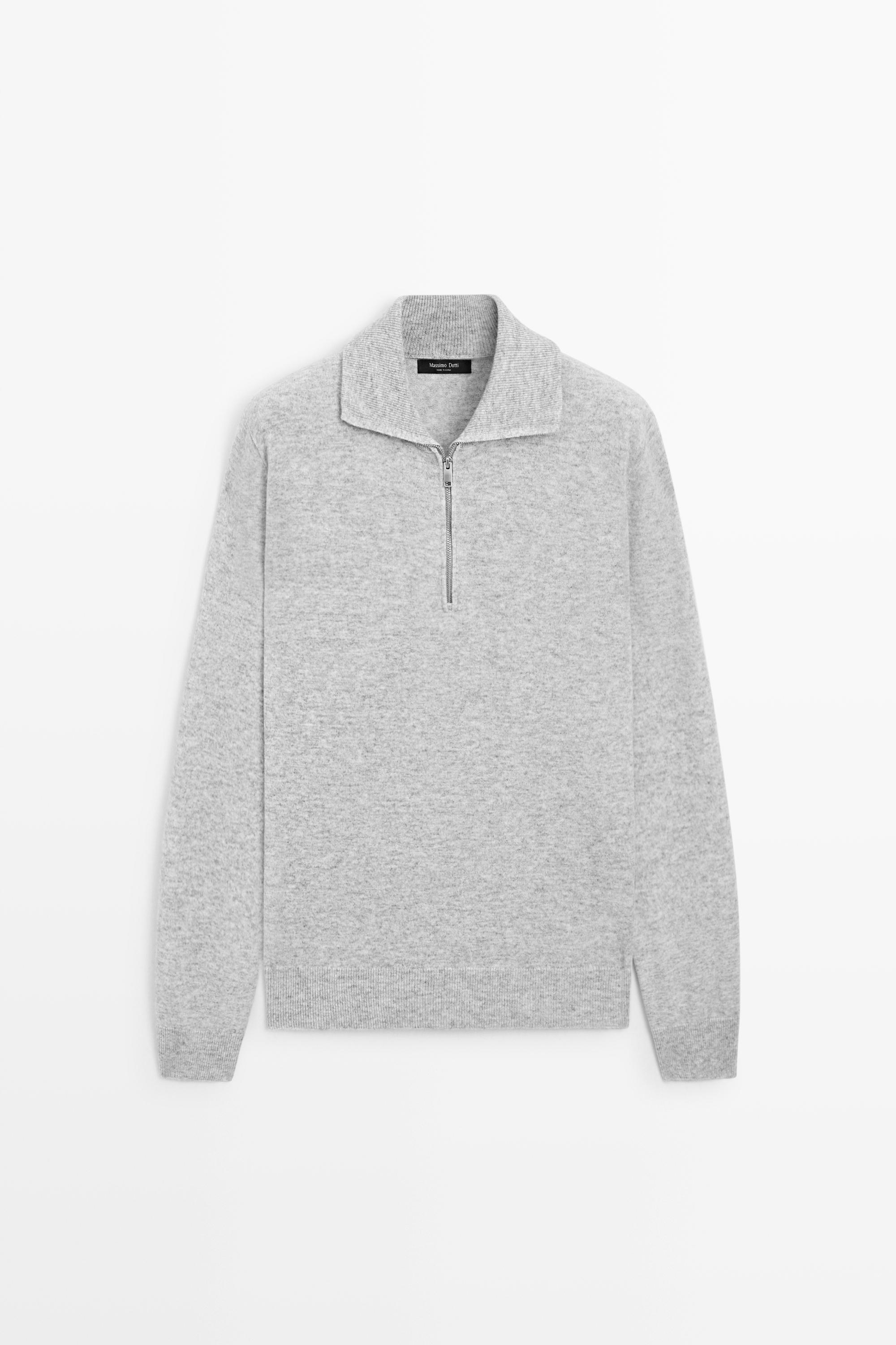 Mock neck zip-up knit sweater — GREY MARL