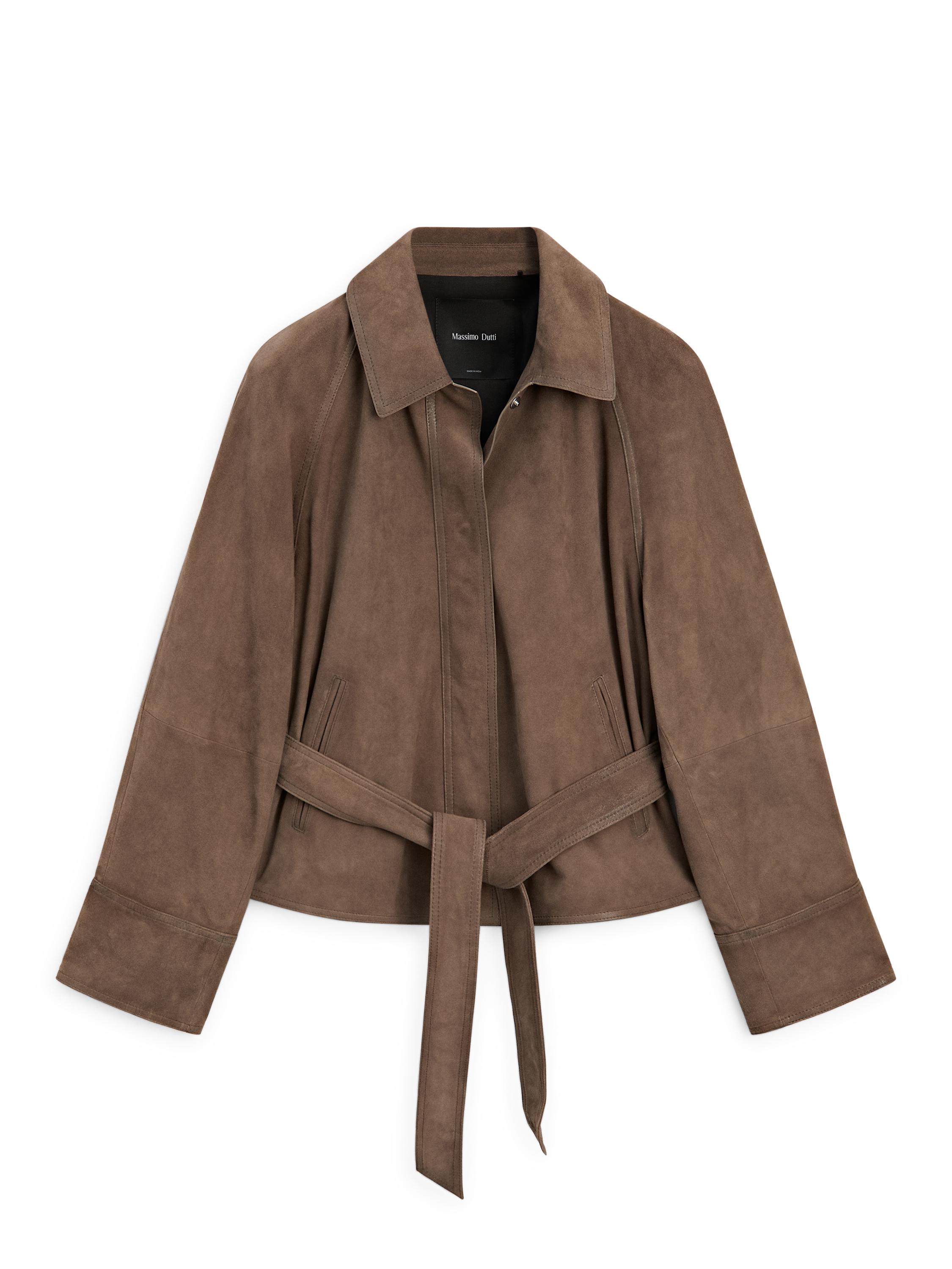 Suede leather jacket with belt · Mole Brown · Bomberâ Jacket