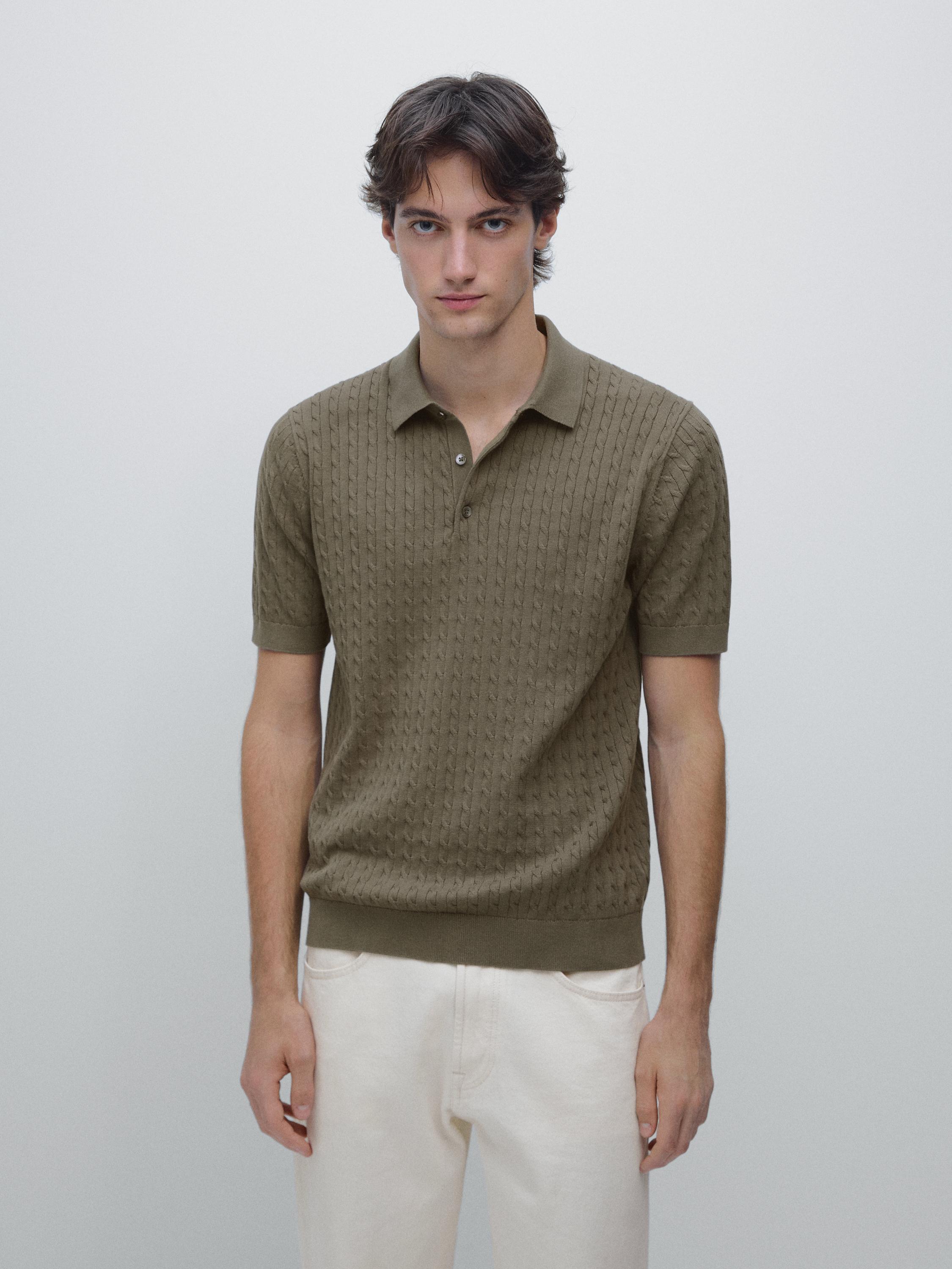 100% cotton cable-knit polo shirt — Khaki