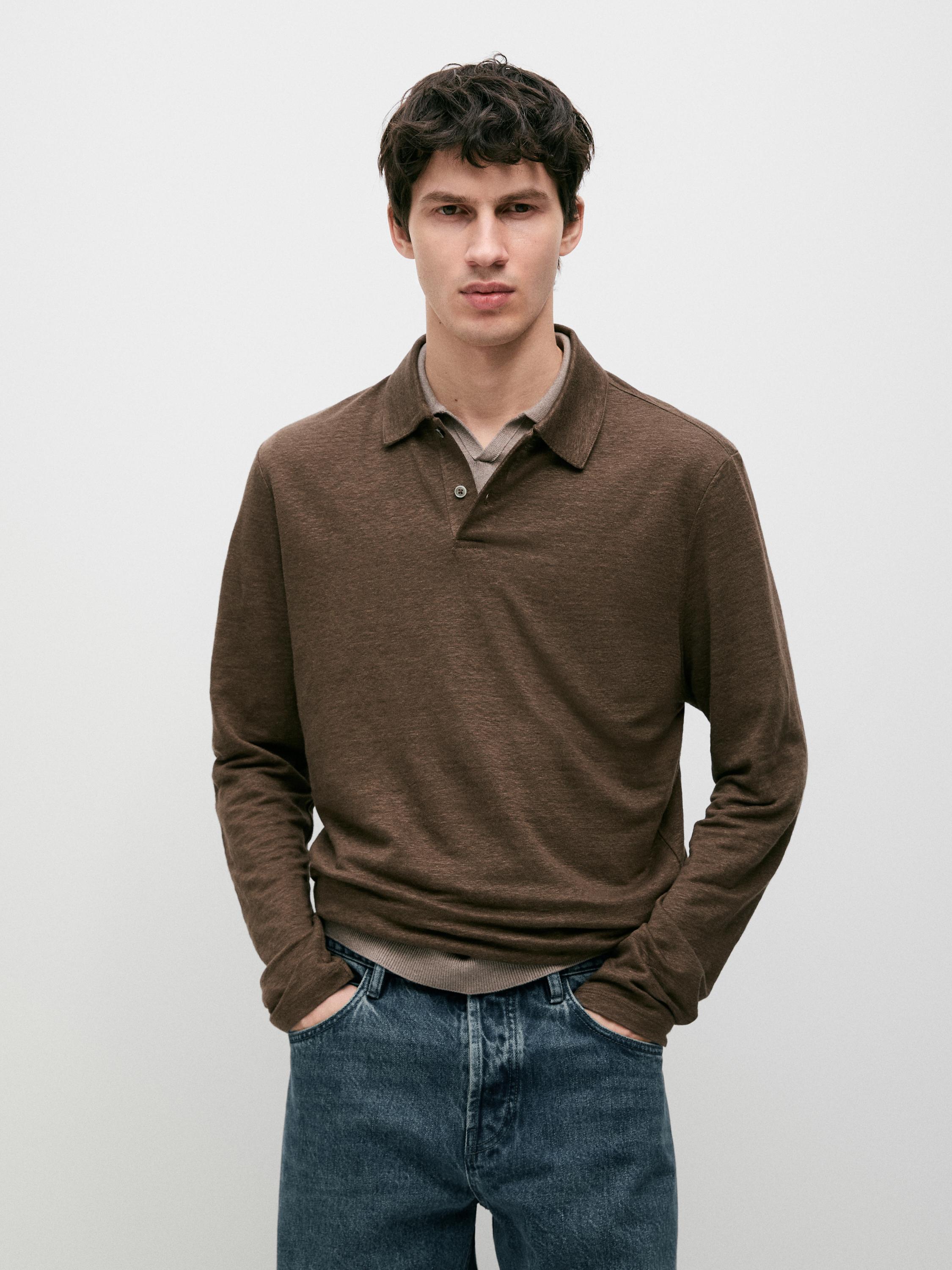 قميص بولو كتان 100% بأكمام طويلة