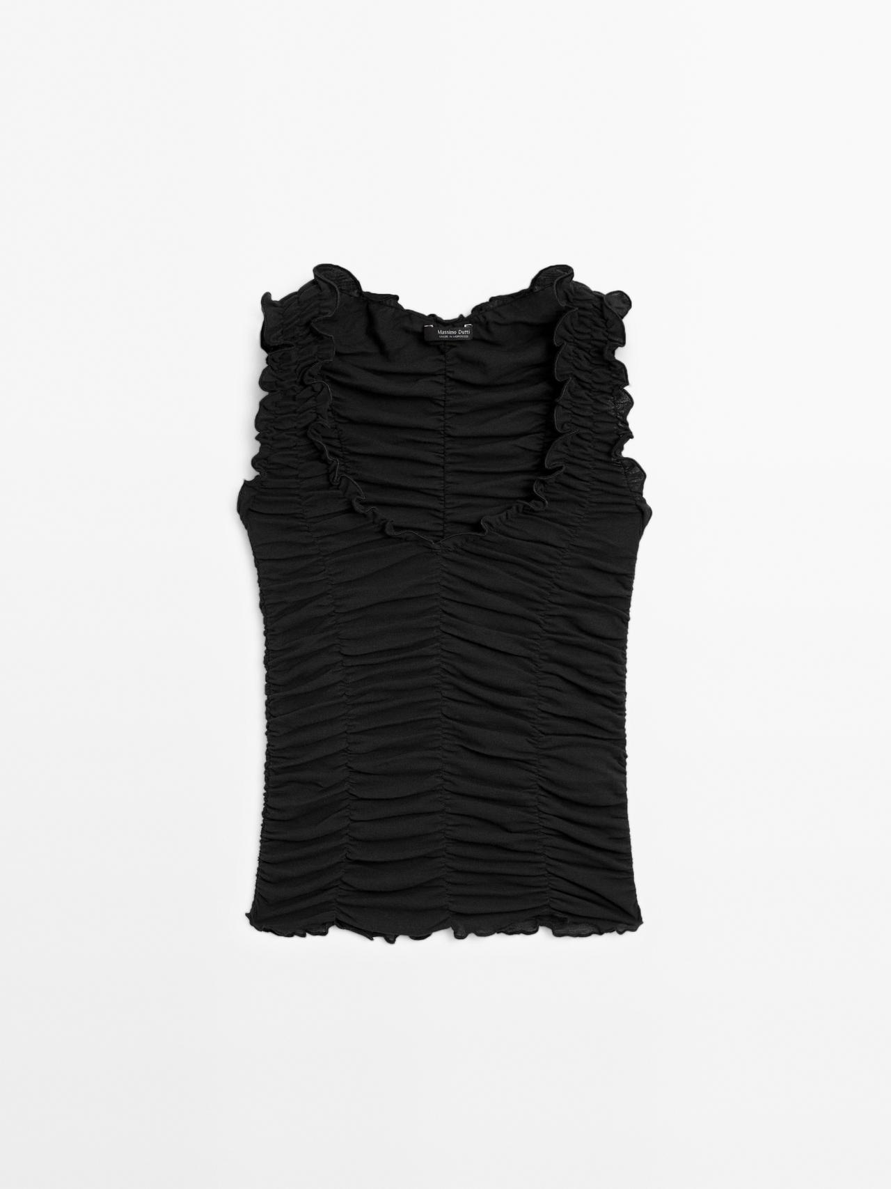 Massimo Dutti - Dame - Top I Bomuld Med Krøllet Effekt - Sort - S