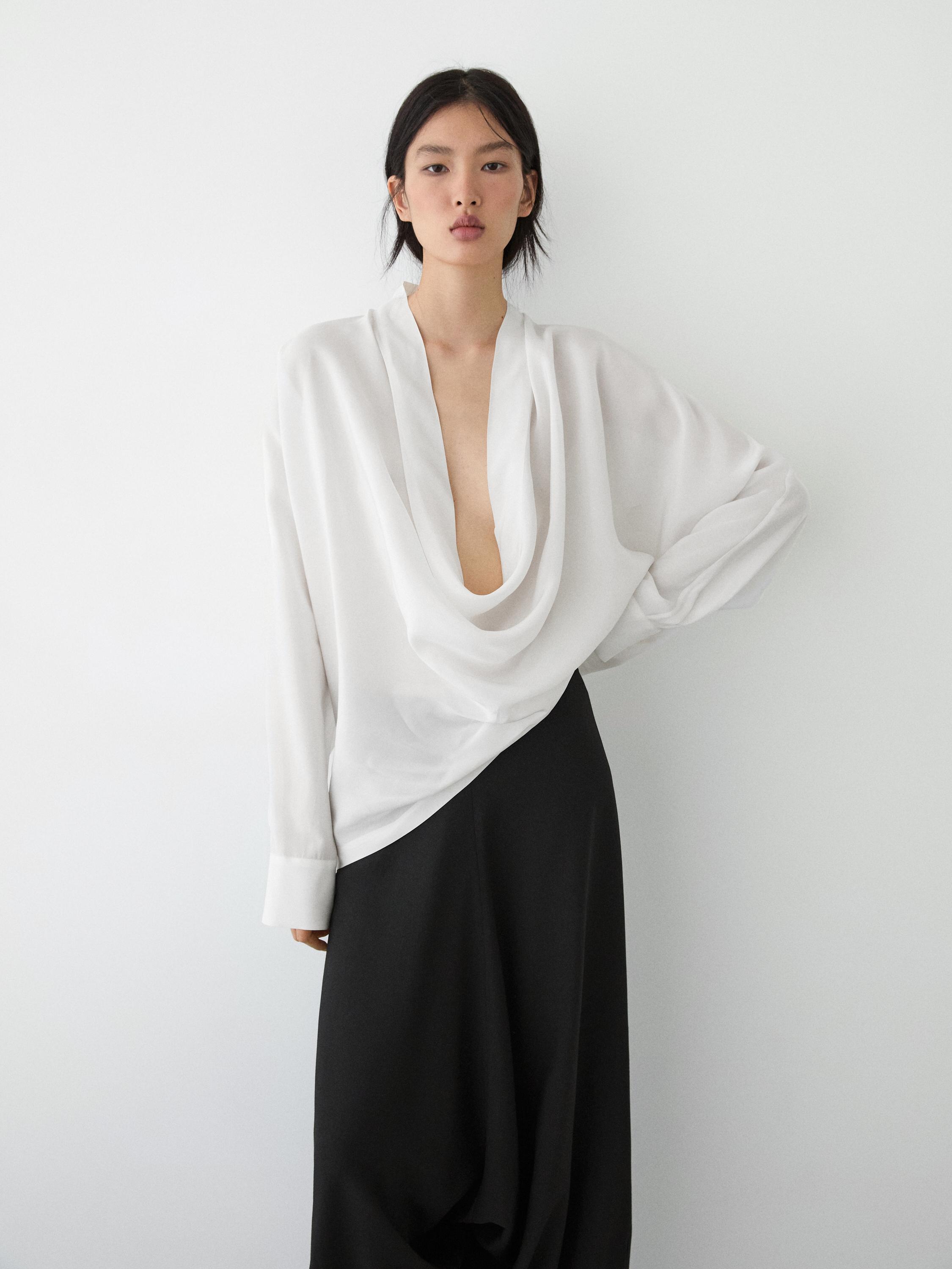 Flowing shirt with cowl neckline detail — WHITE