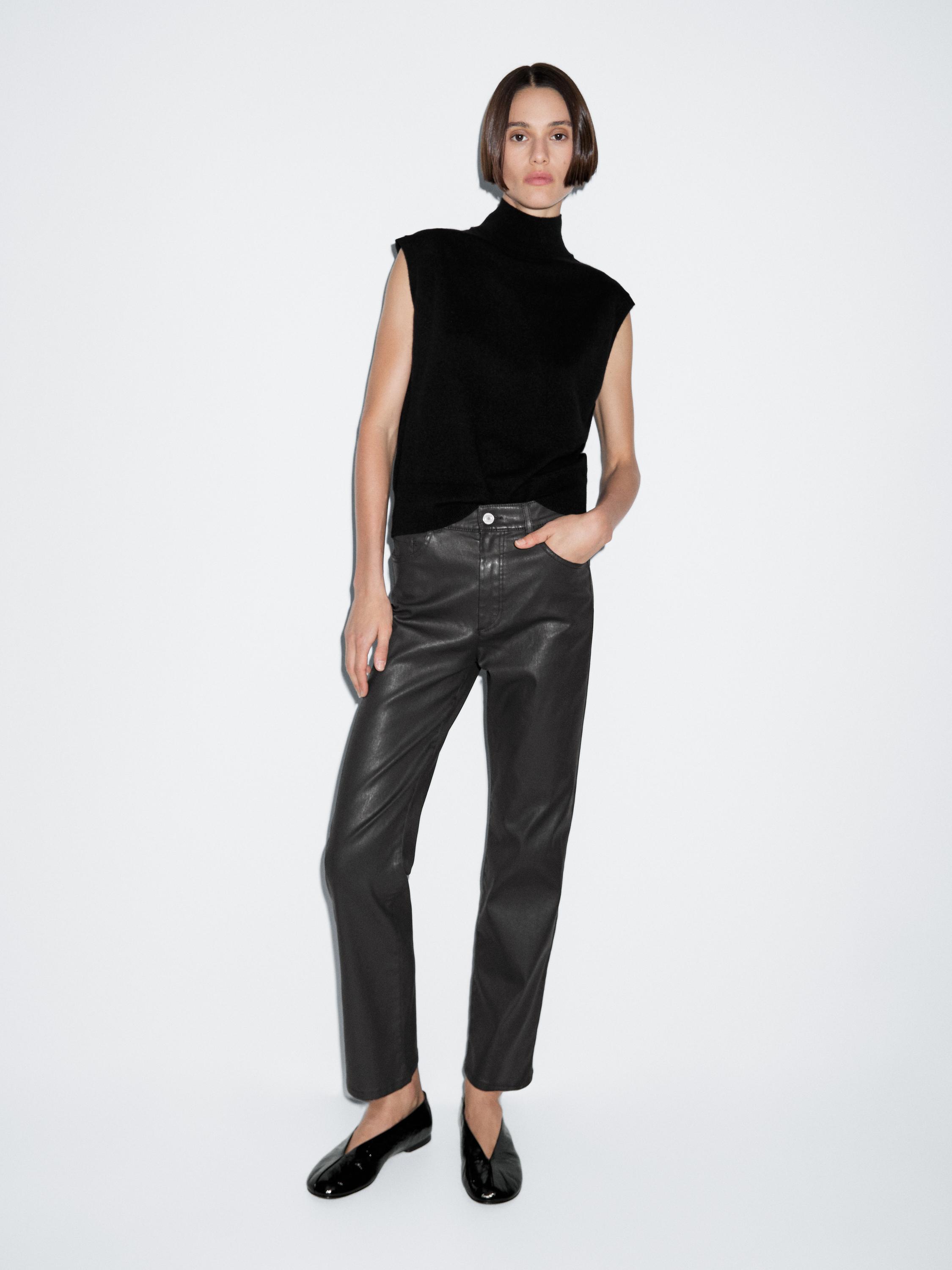 High-waist straight-leg waxed trousers — BLACK