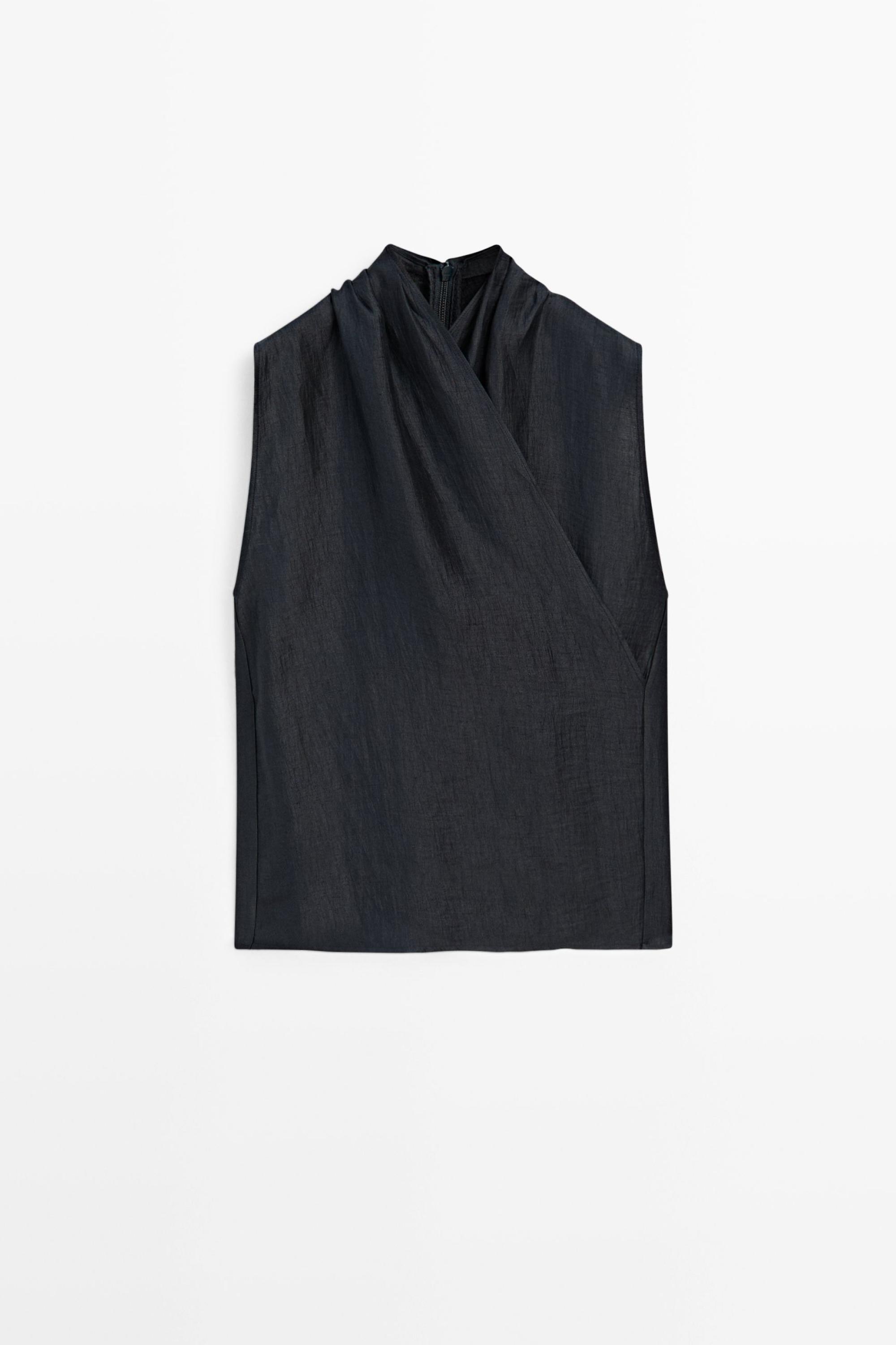 Linen blend sleeveless crossover top — NAVY BLUE