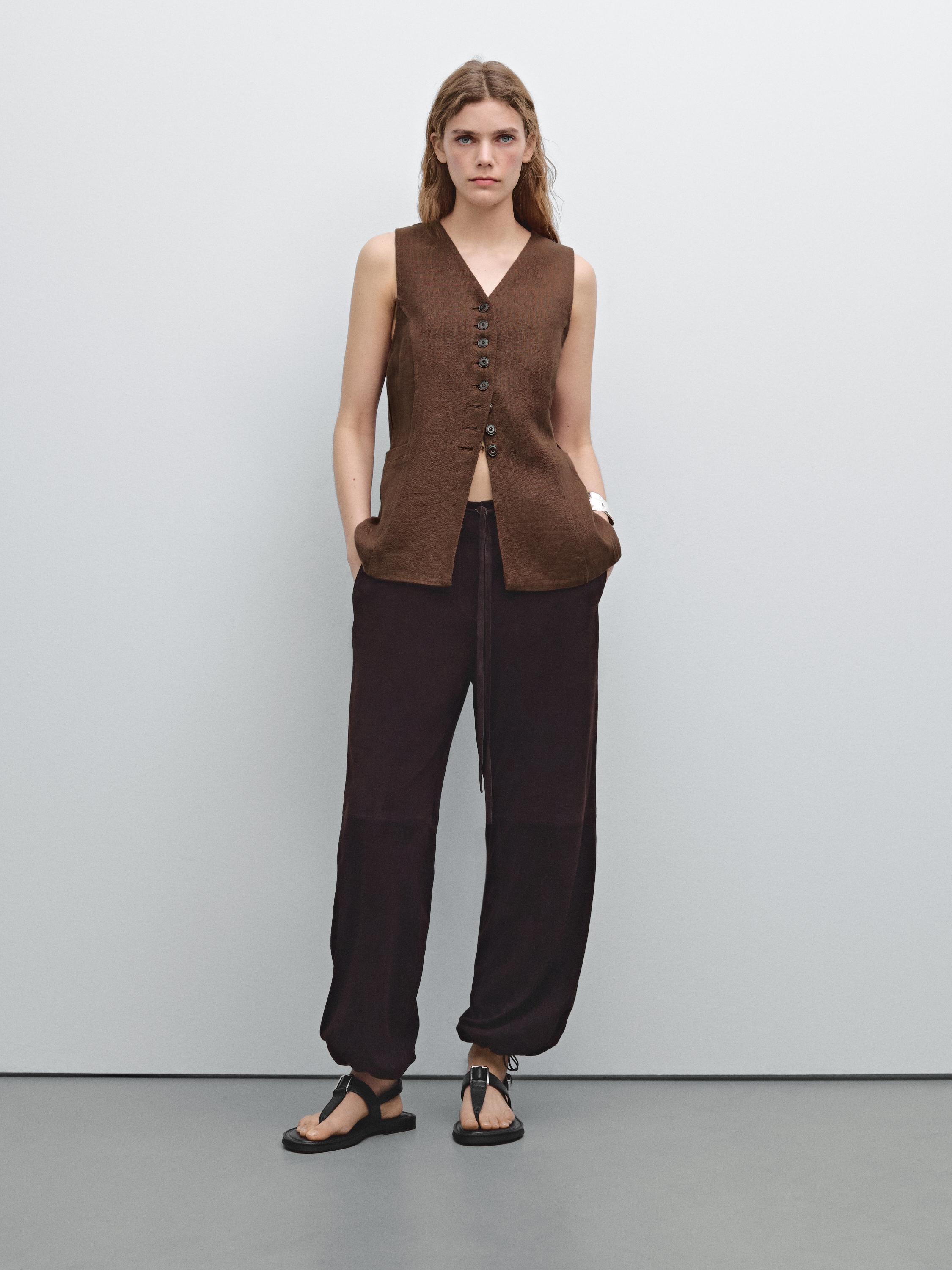 Long waistcoat with linen fabric detail