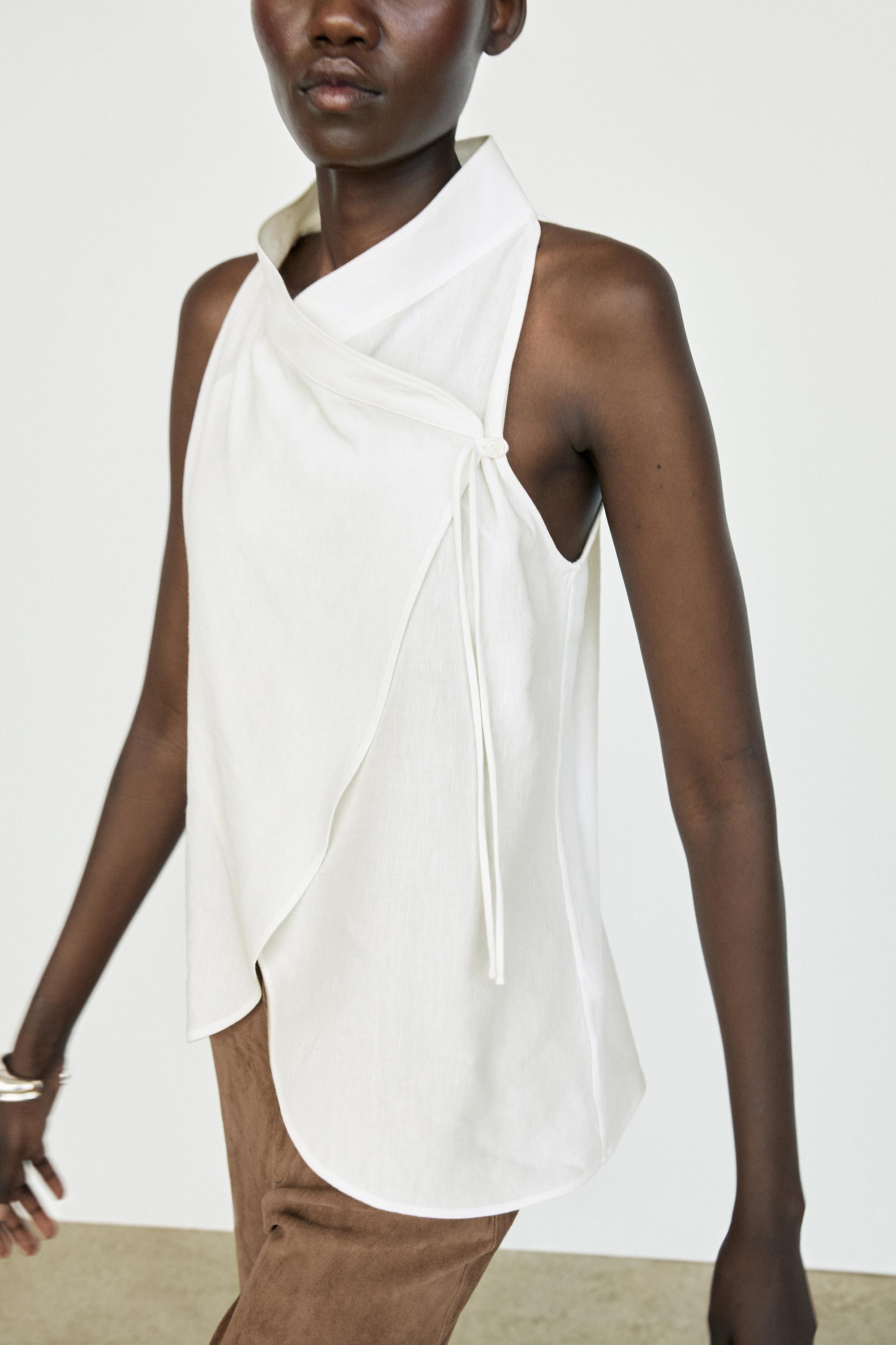 Flowing linen halter crossover top — WHITE