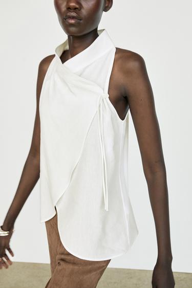Flowing linen halter crossover top — WHITE 8