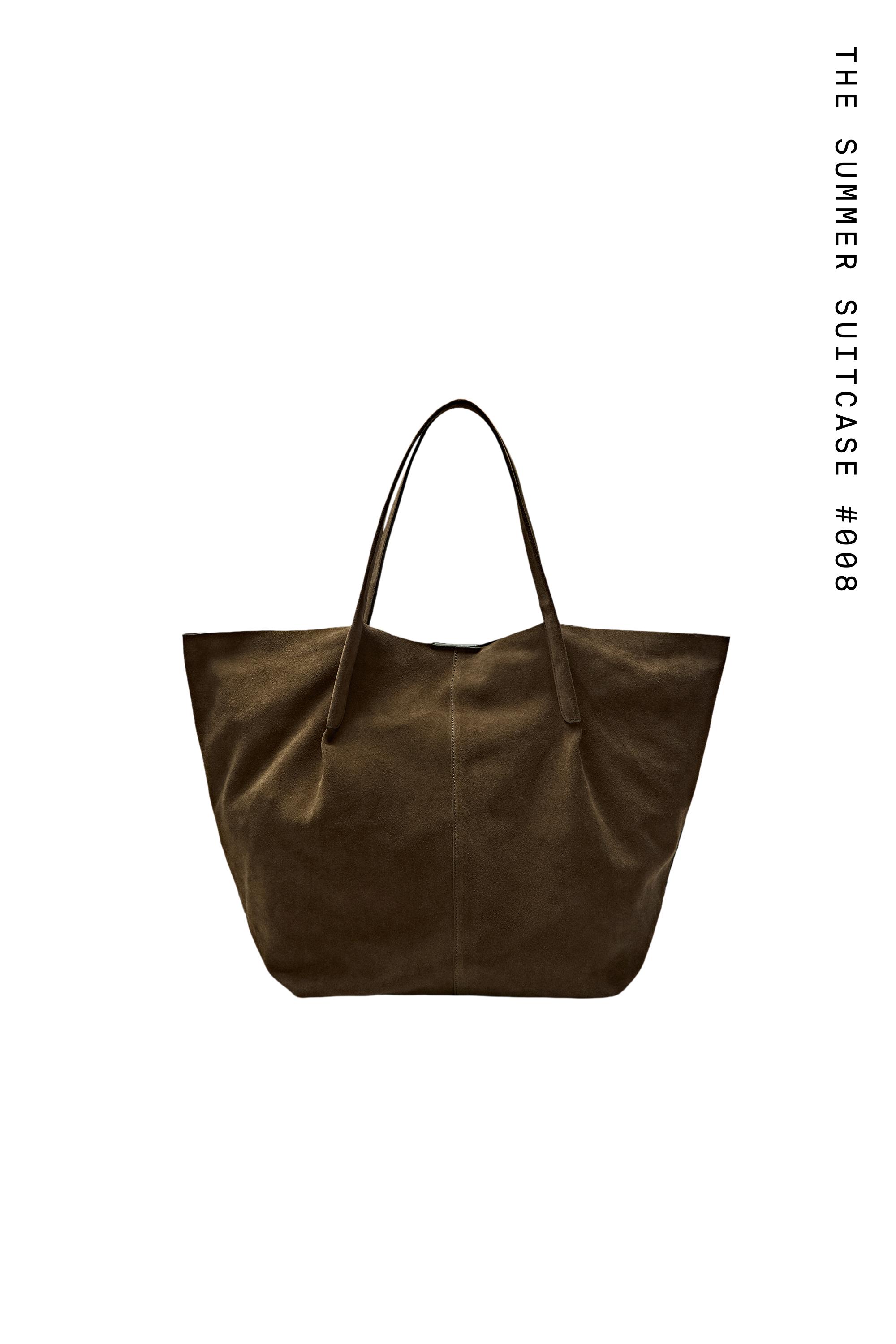 Split suede leather tote bag — KHAKI