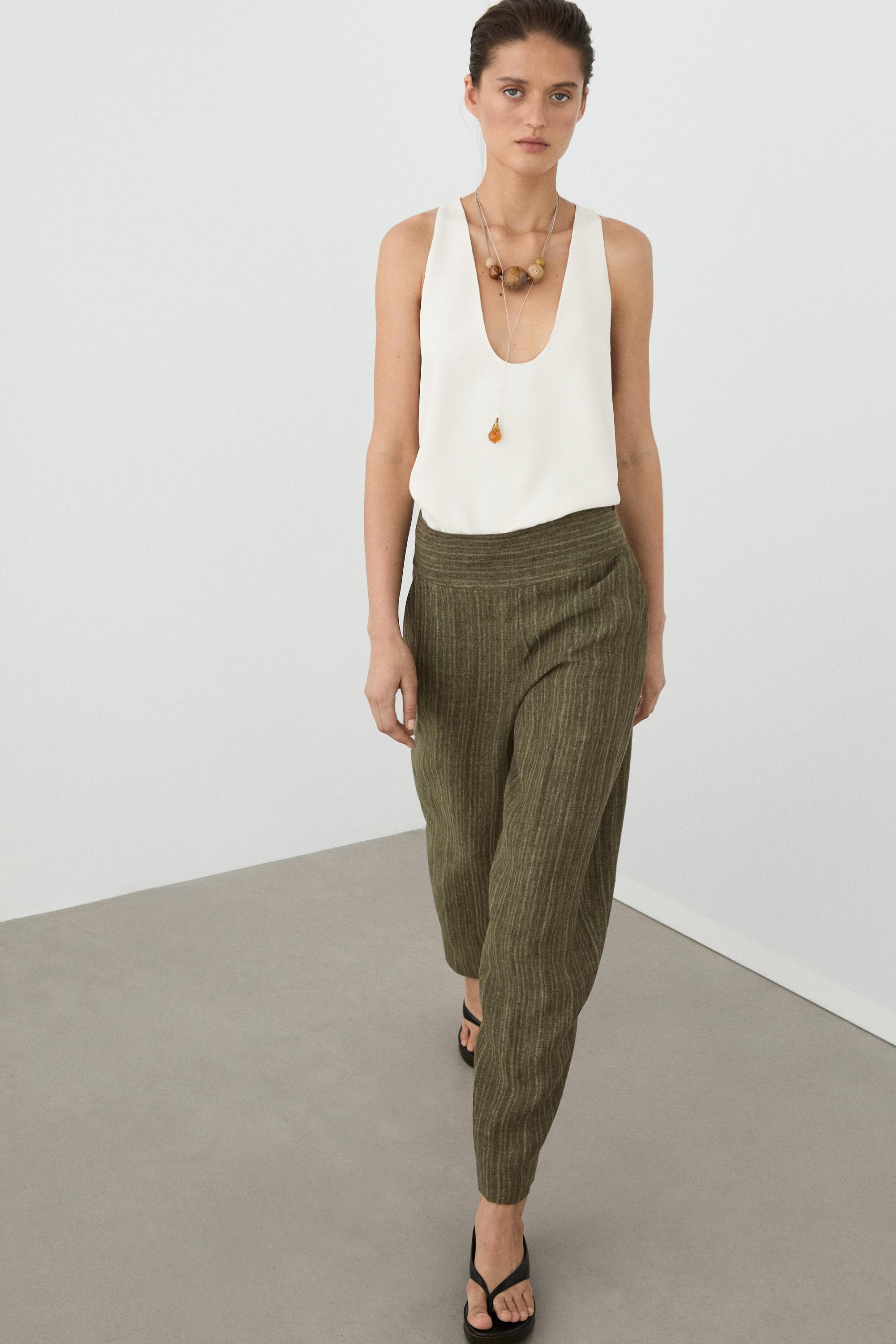 Total look linen trousers with corset belt detail — GREEN