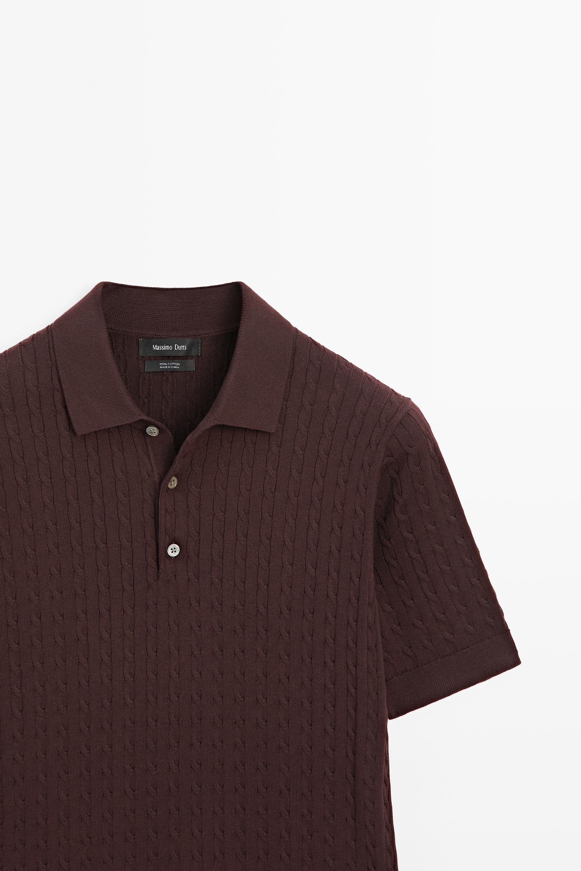100% cotton cable-knit polo shirt — BURGUNDY