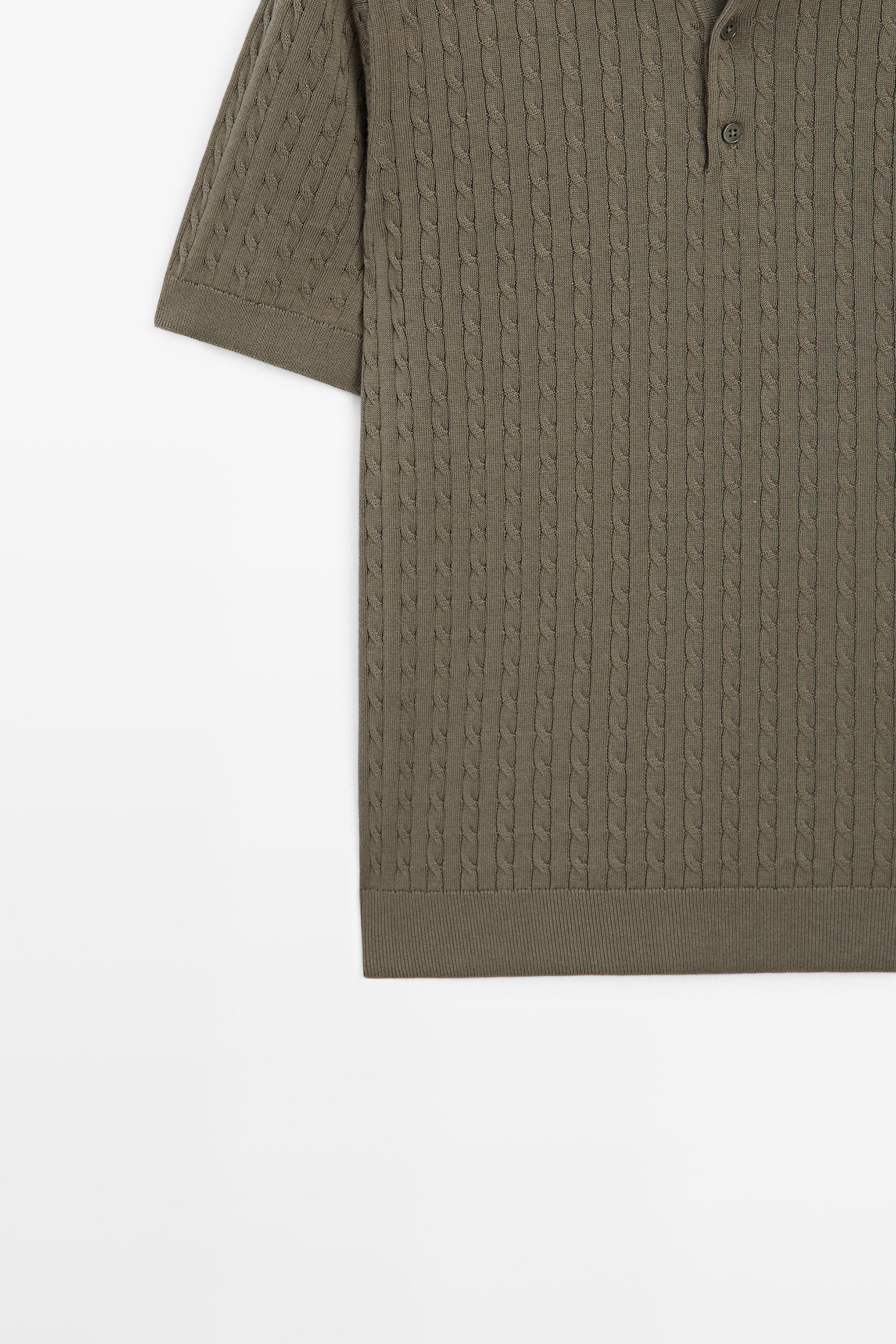 100% cotton cable-knit polo shirt — Khaki