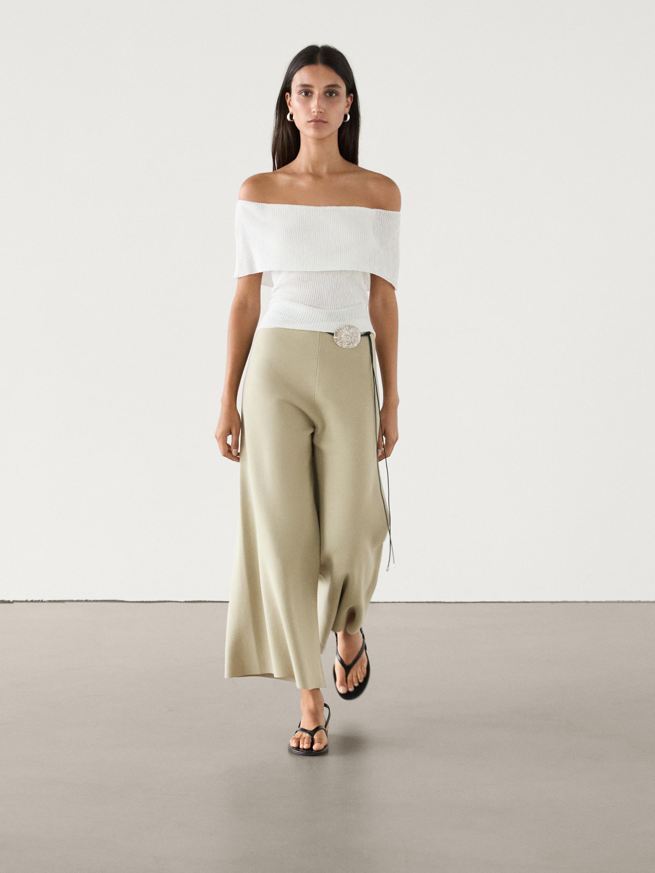 Wide leg milano knit trousers Pale Khaki Cream Dressy Massimo Dutti