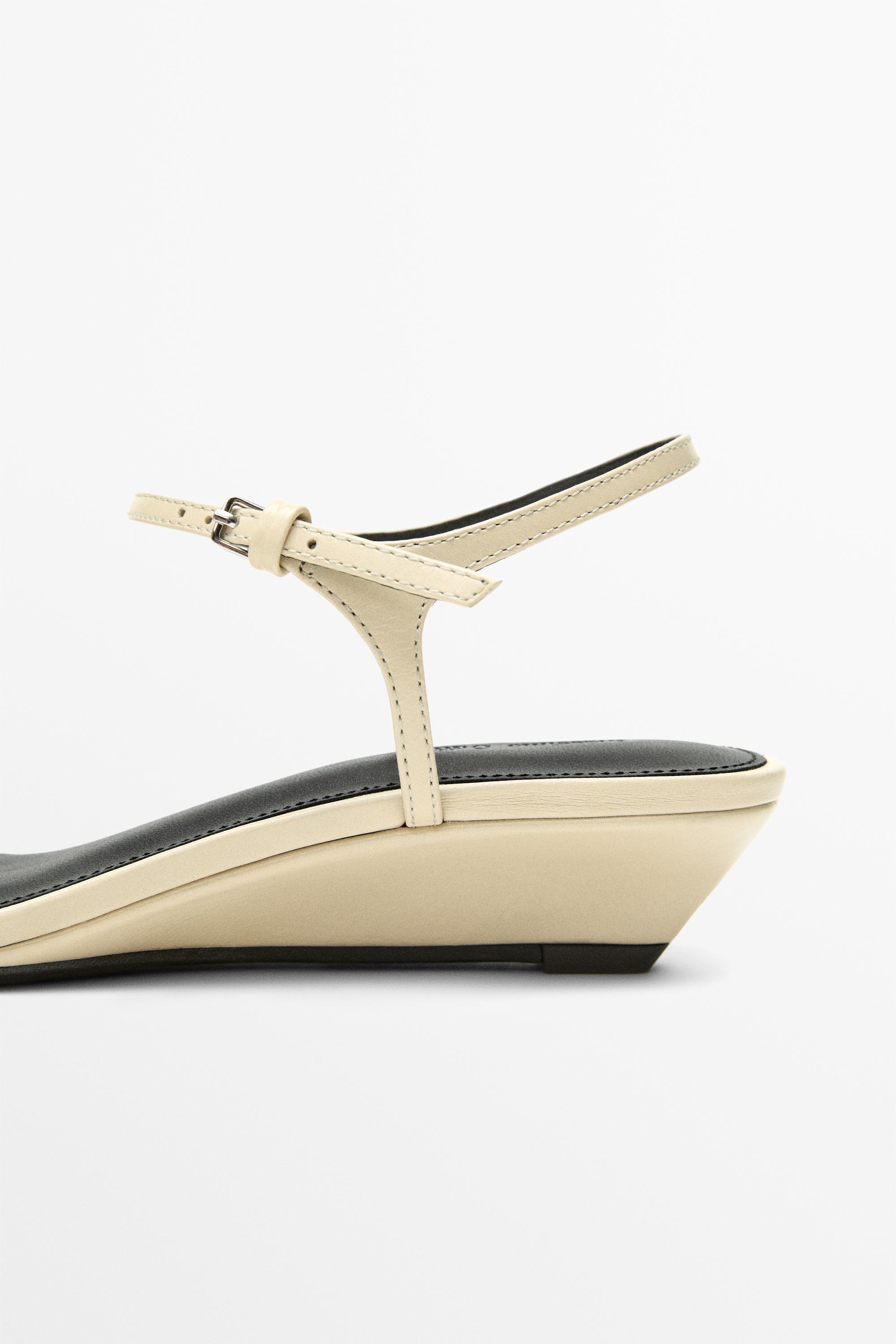 Strappy leather mid-wedge sandals — Vanilla