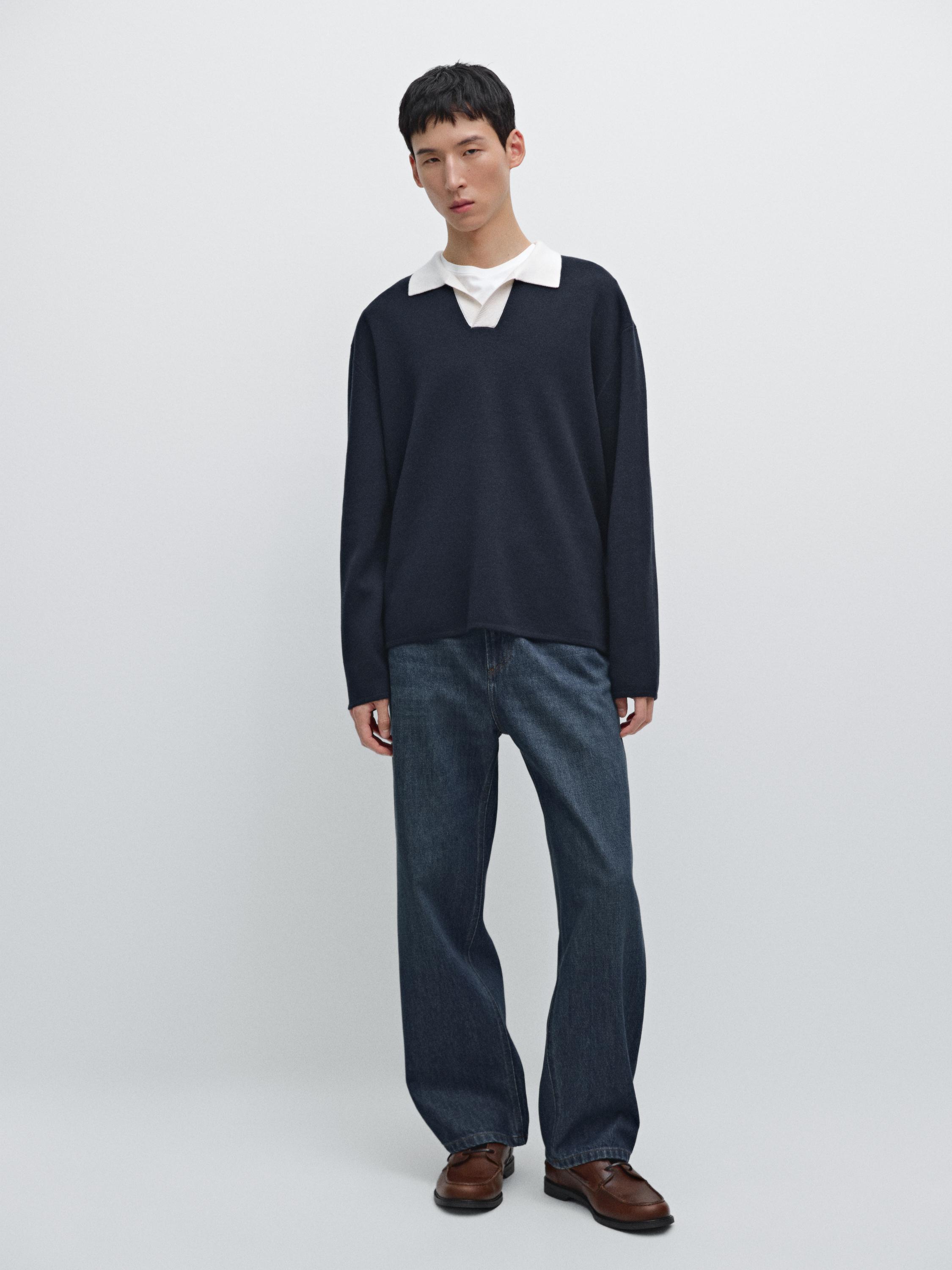 코튼 블렌드 니트 폴로 스웨터