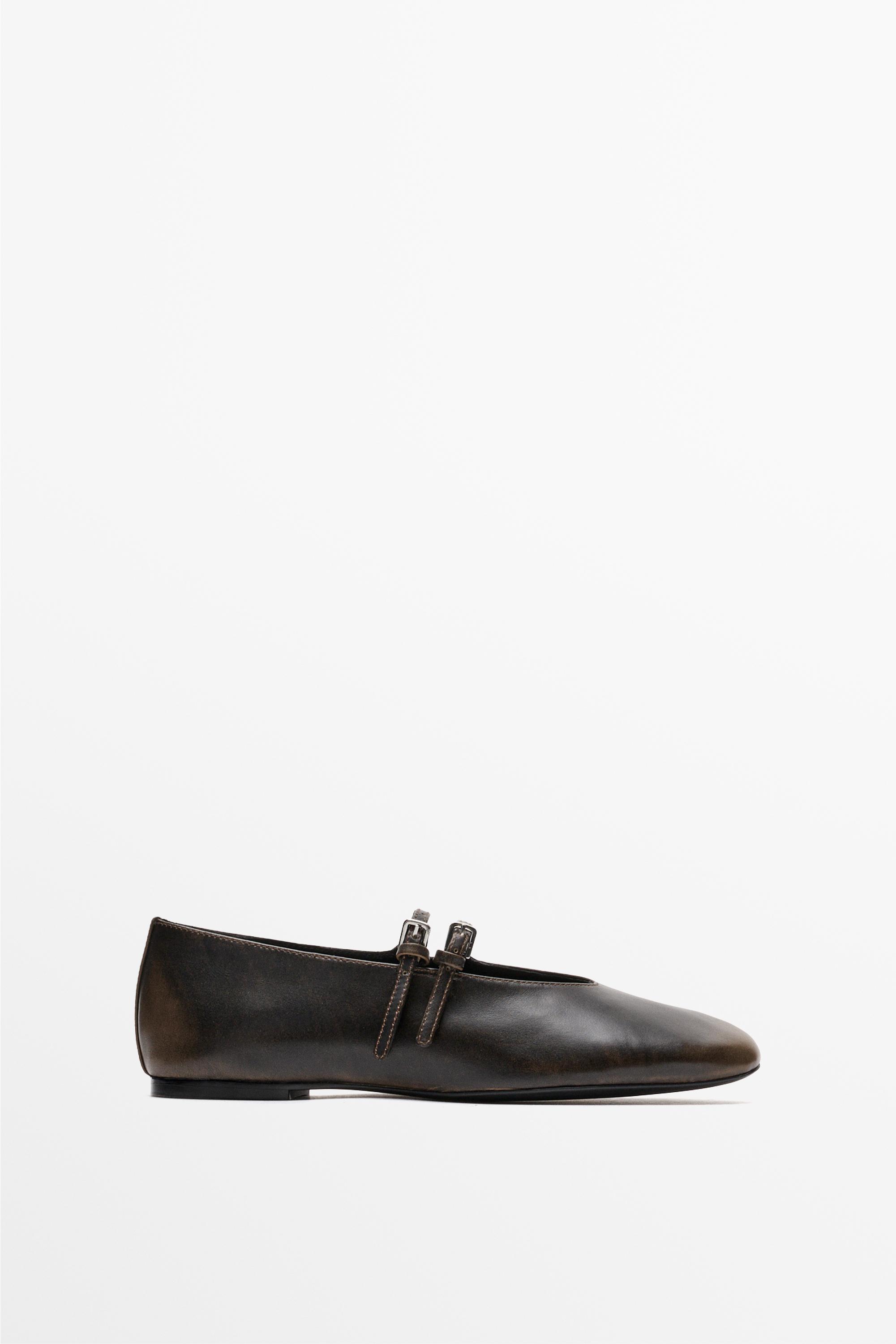 Double-strap leather ballet flat