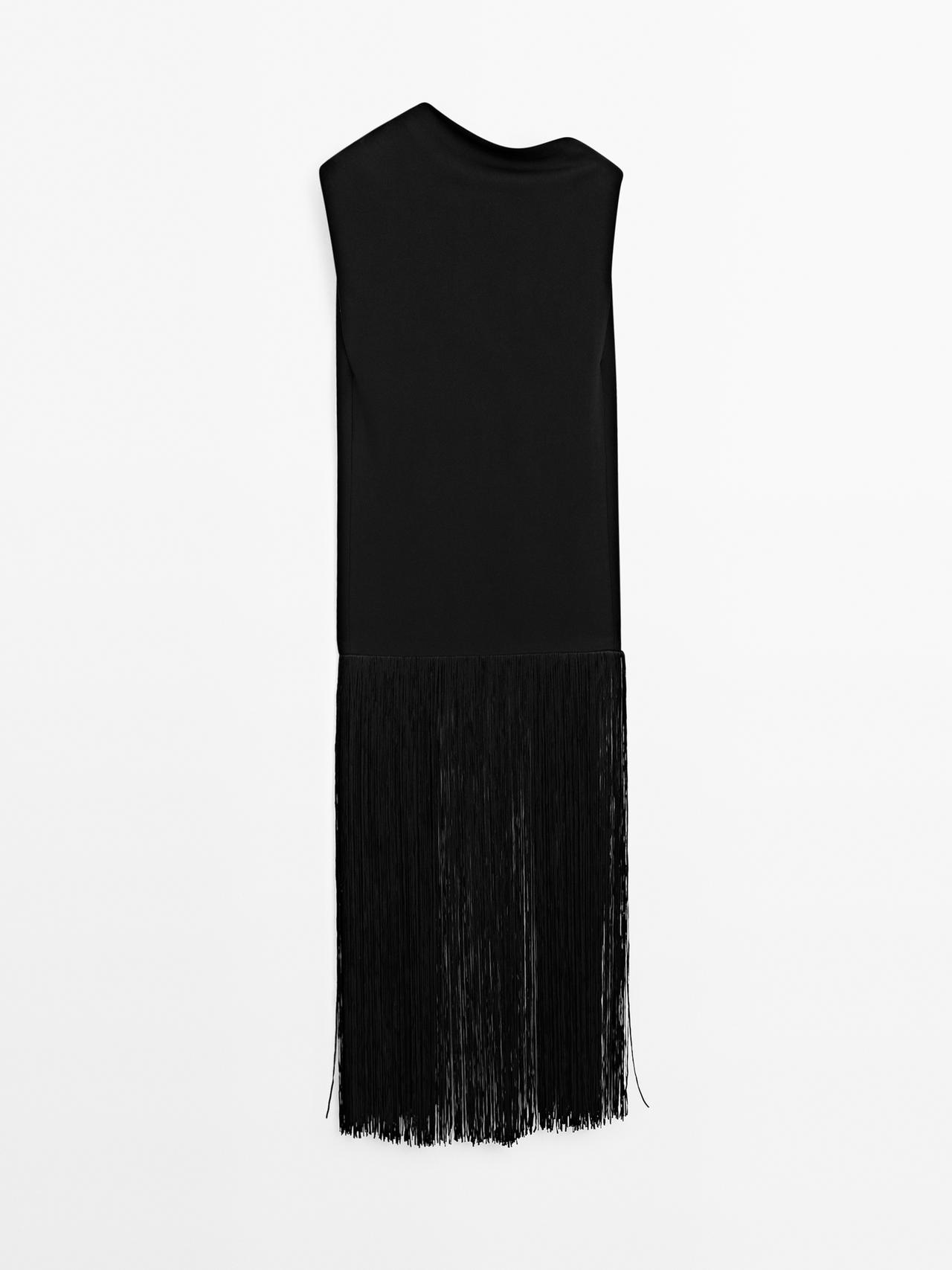 Massimo Dutti - Dame - Lang Kjole Med Frynser - Studio - Sort - M