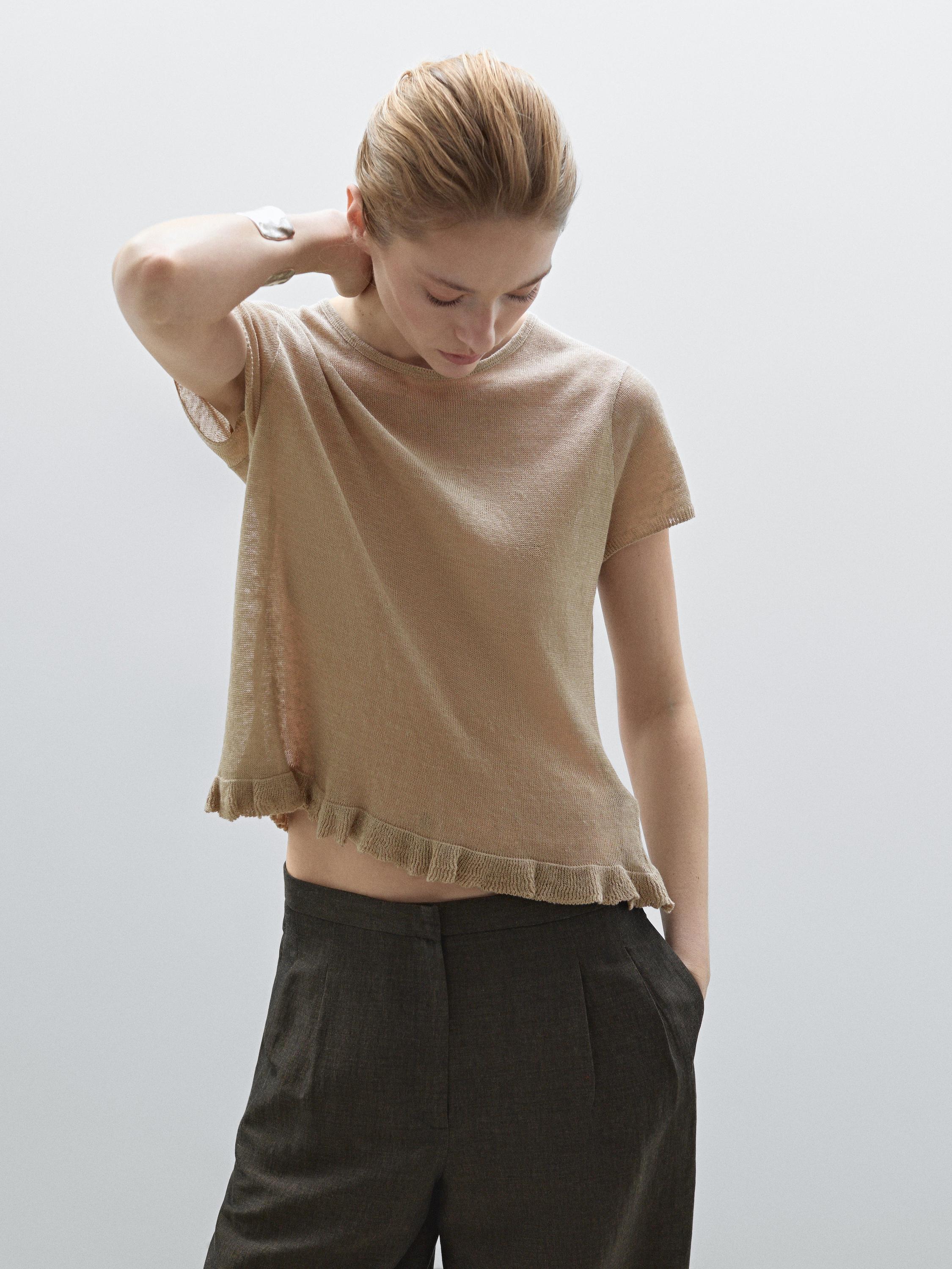100% linen T-shirt with ruffled hem
