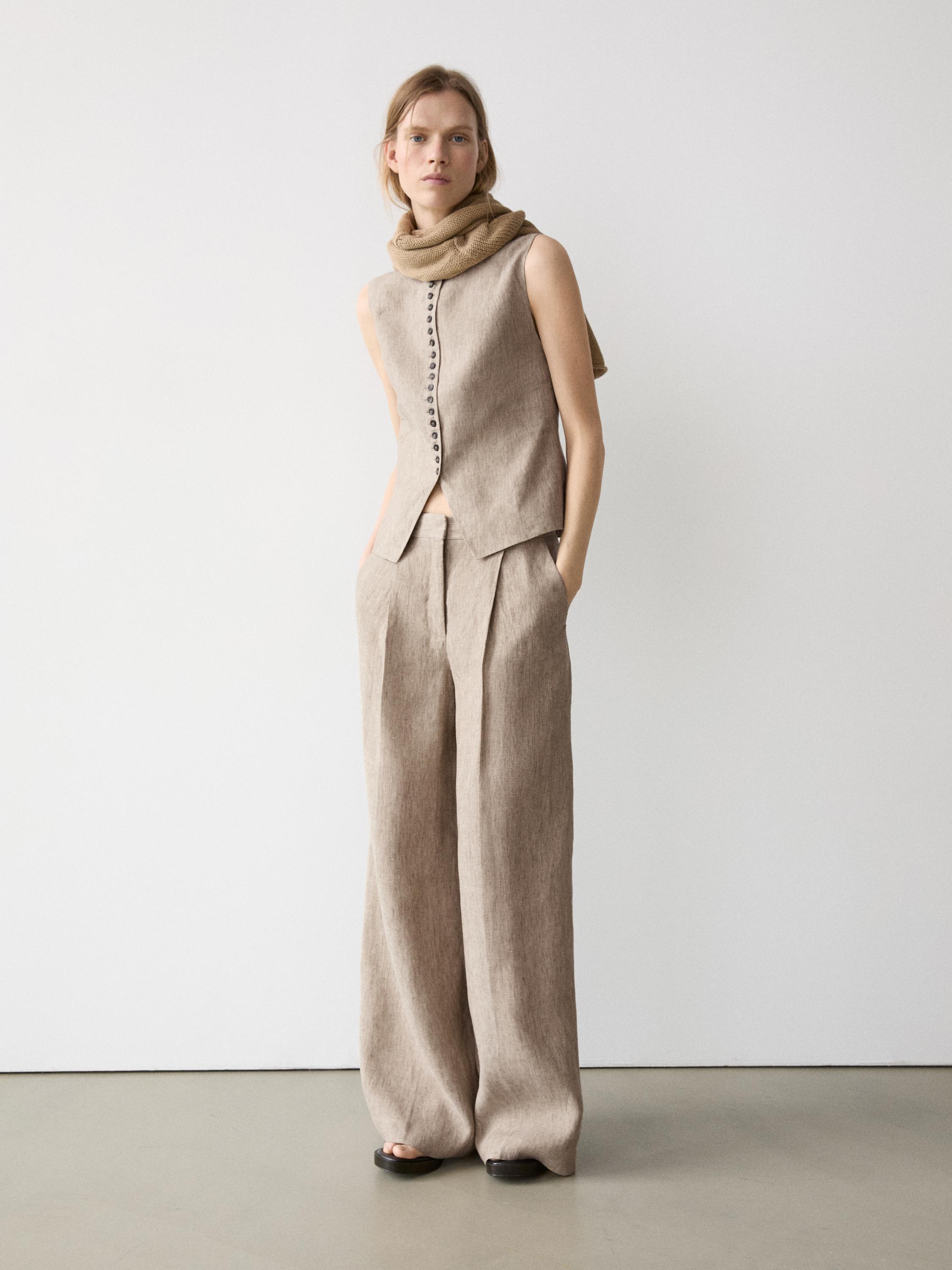 Linen melange trousers with pleated details — BEIGE
