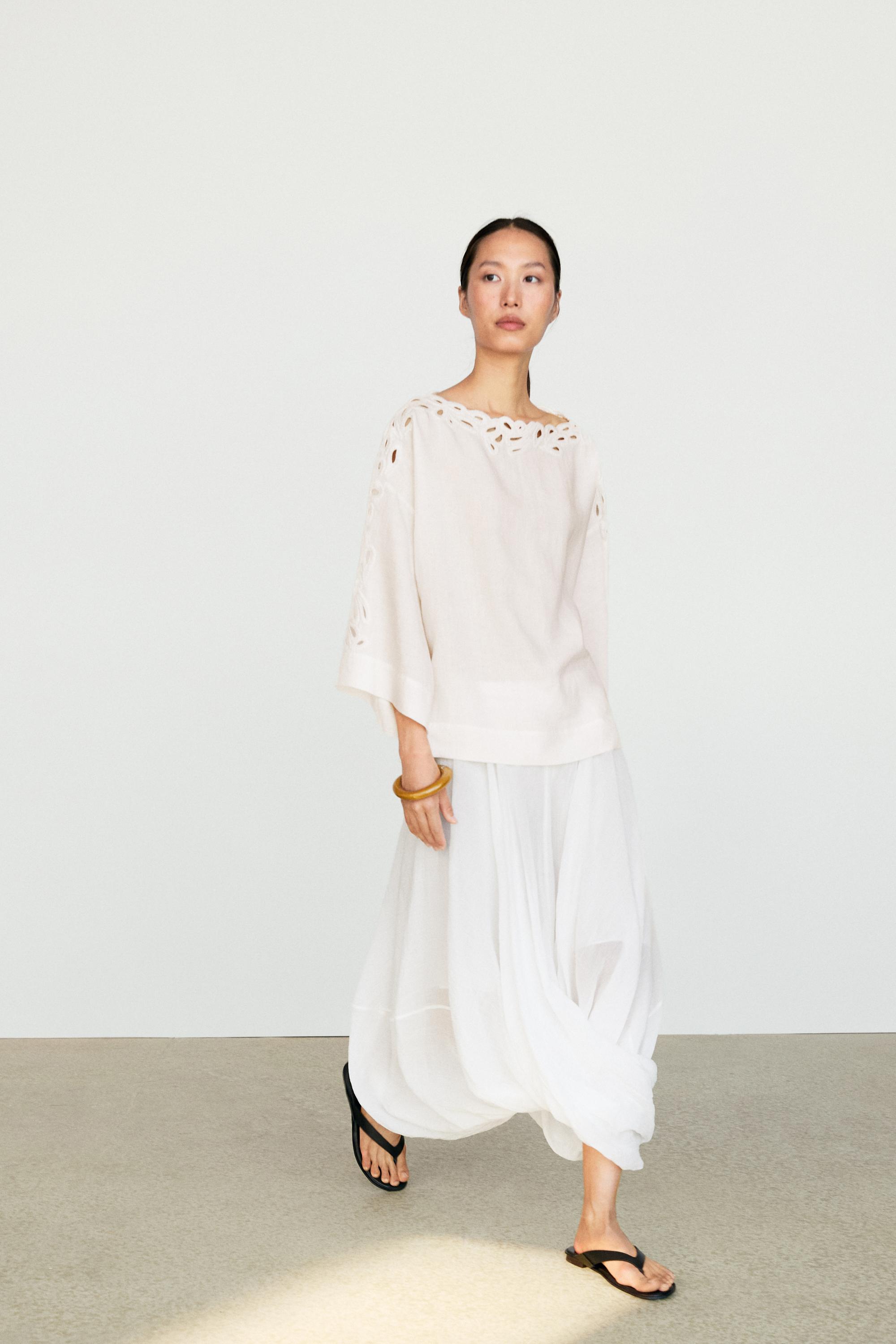 Linen boat neck blouse with embroidery — CREAM