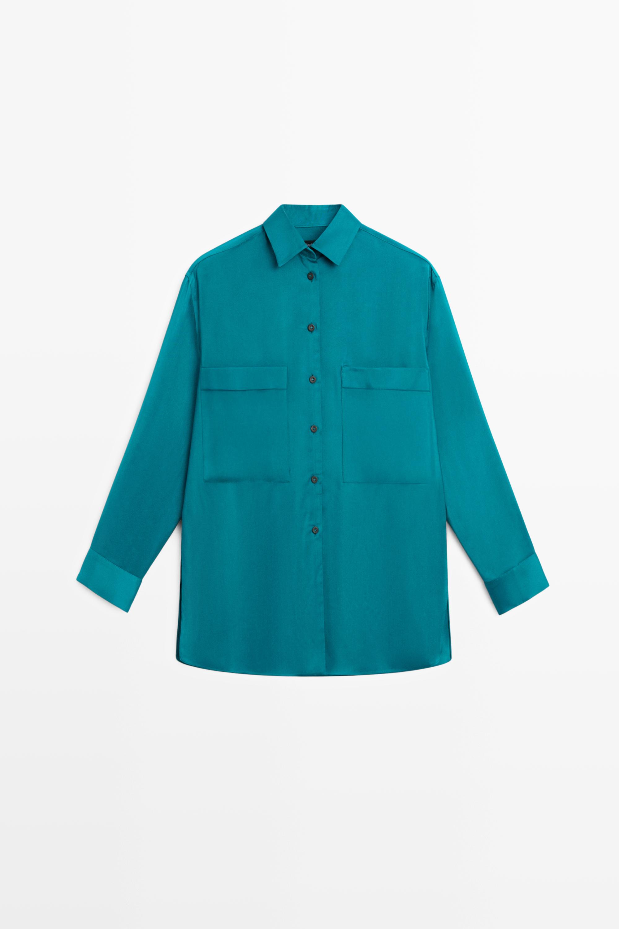 Flowing satin shirt with pockets — GREENISH BLUE