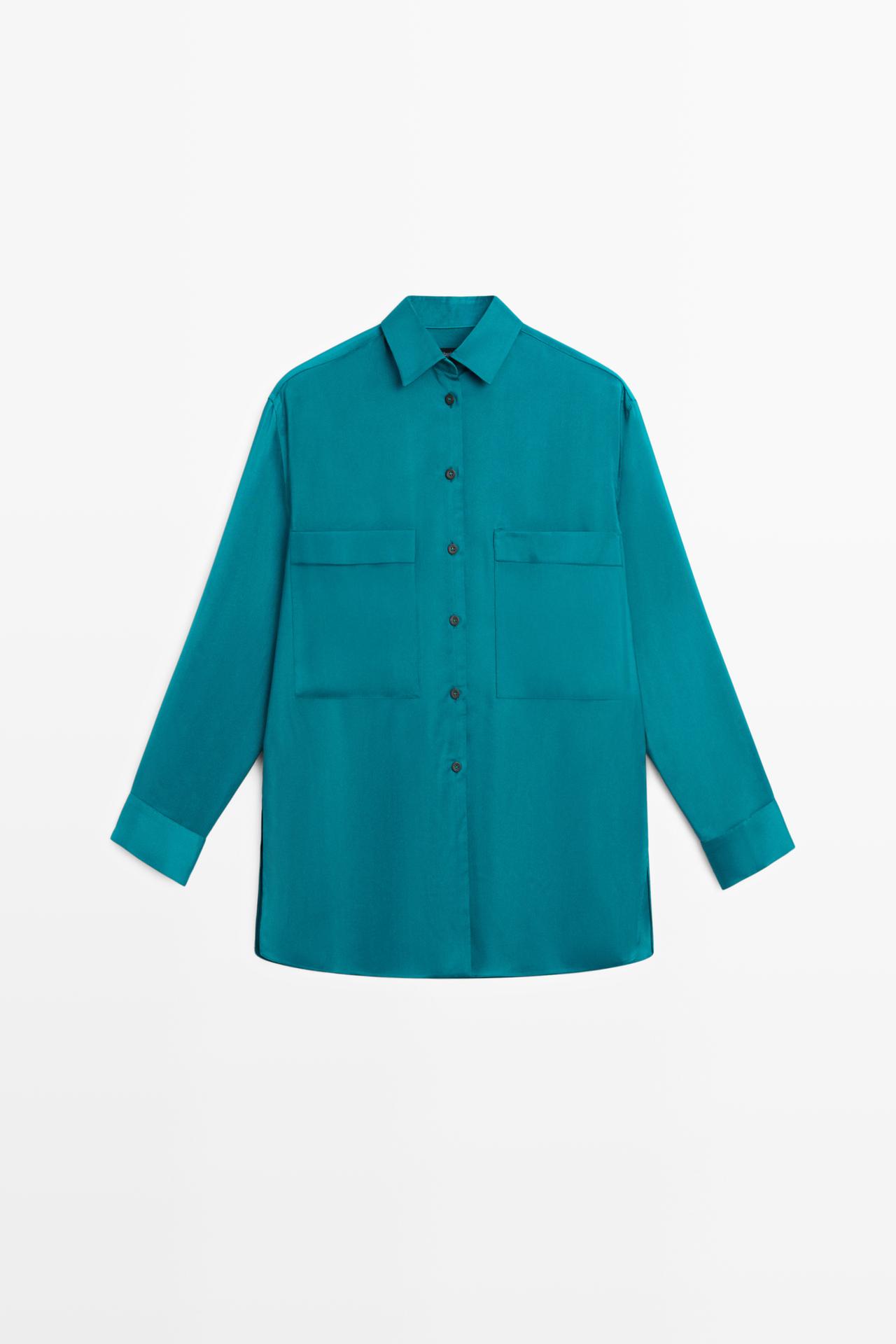 Flowing satin shirt with pockets — GREENISH BLUE