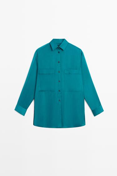 Flowing satin shirt with pockets — GREENISH BLUE 2