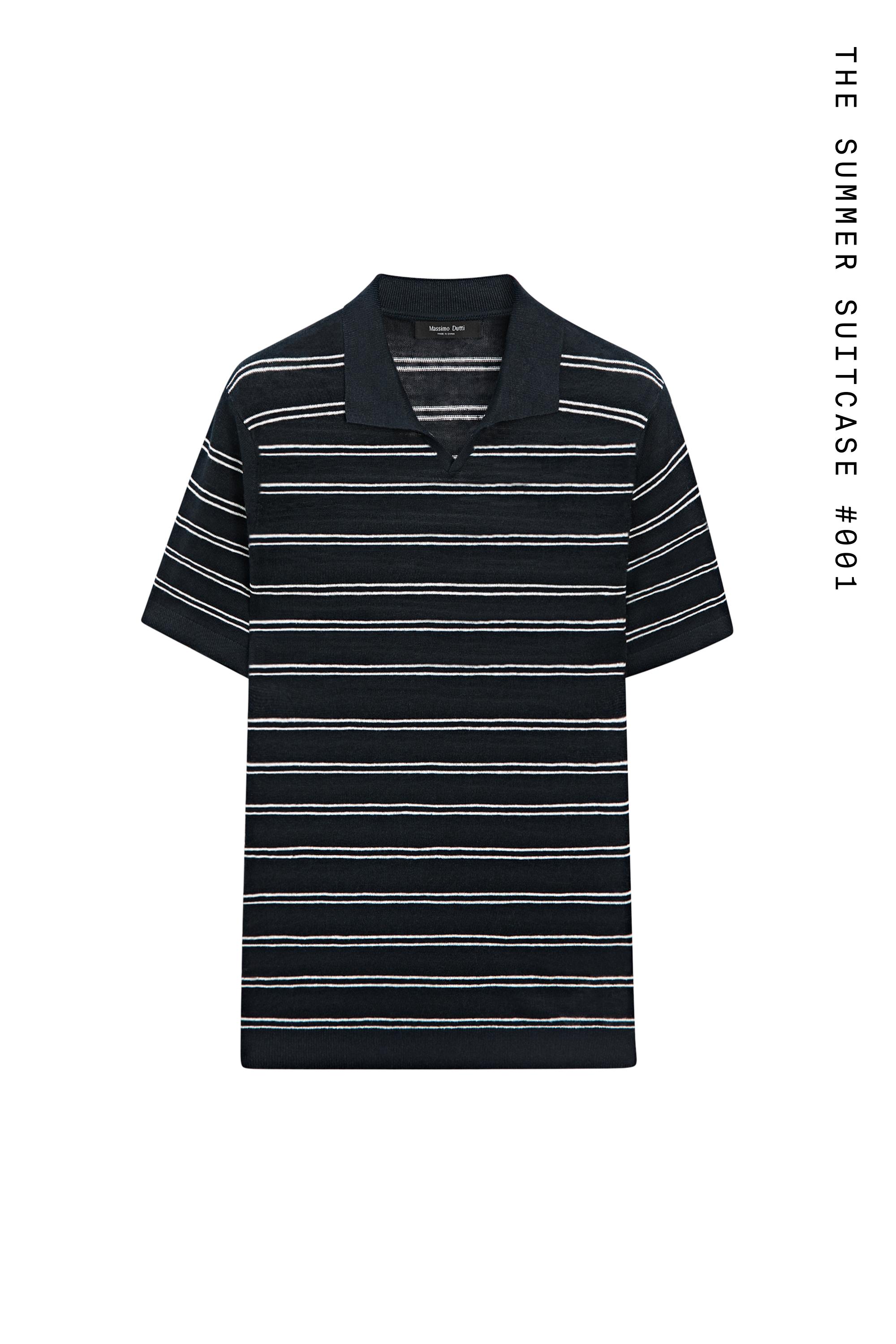 Striped 100% linen V-neck polo shirt — NAVY BLUE